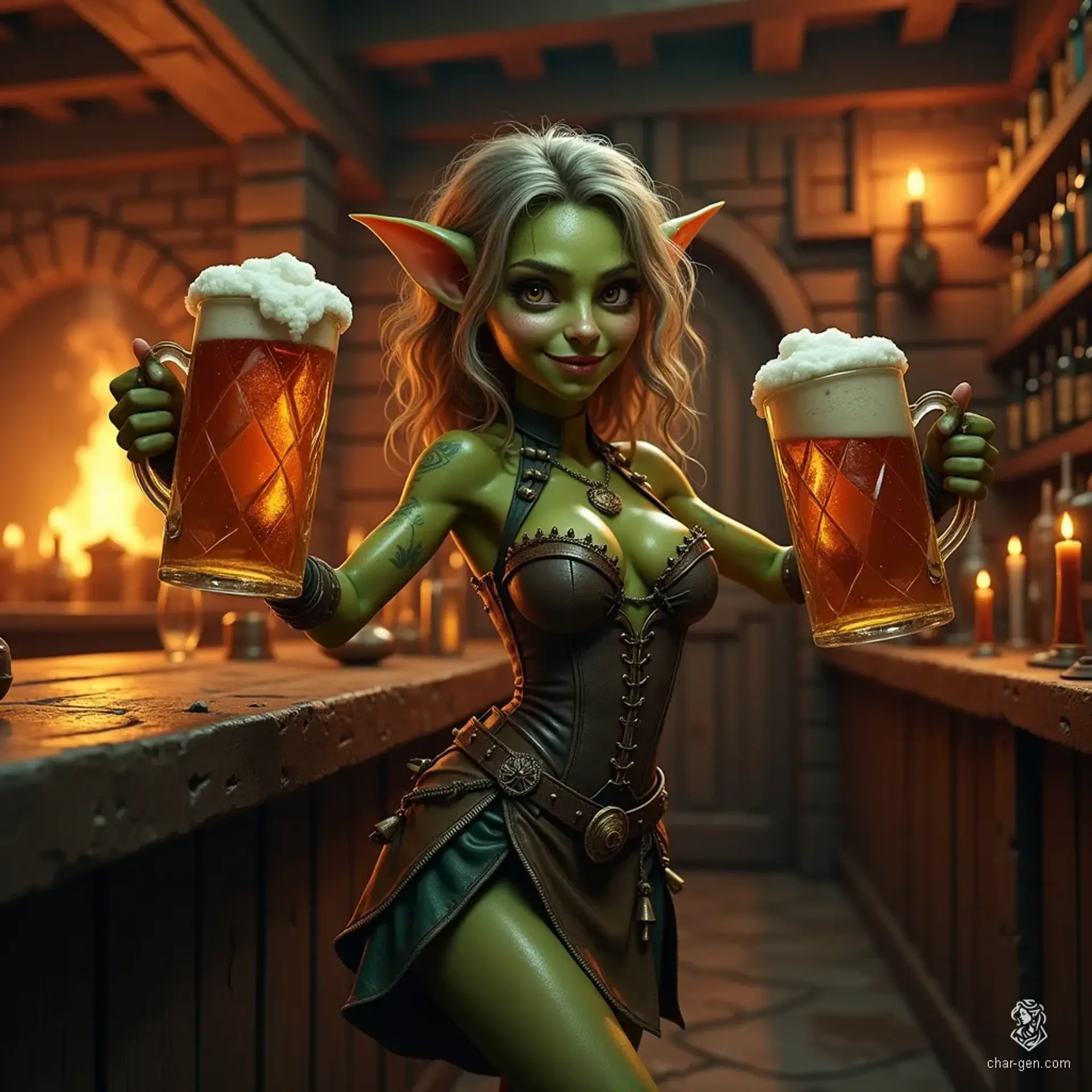 A lively goblin bard, adorned in tavern wench attire, juggles two hefty beer mugs while expertly wiping down counters. With curly hair framing her cheerful face, she captivates patrons with her enchanting lute, wielding the Elven kriegsmesser as a whimsical weapon. Her vibrant green skin adds to her charm!