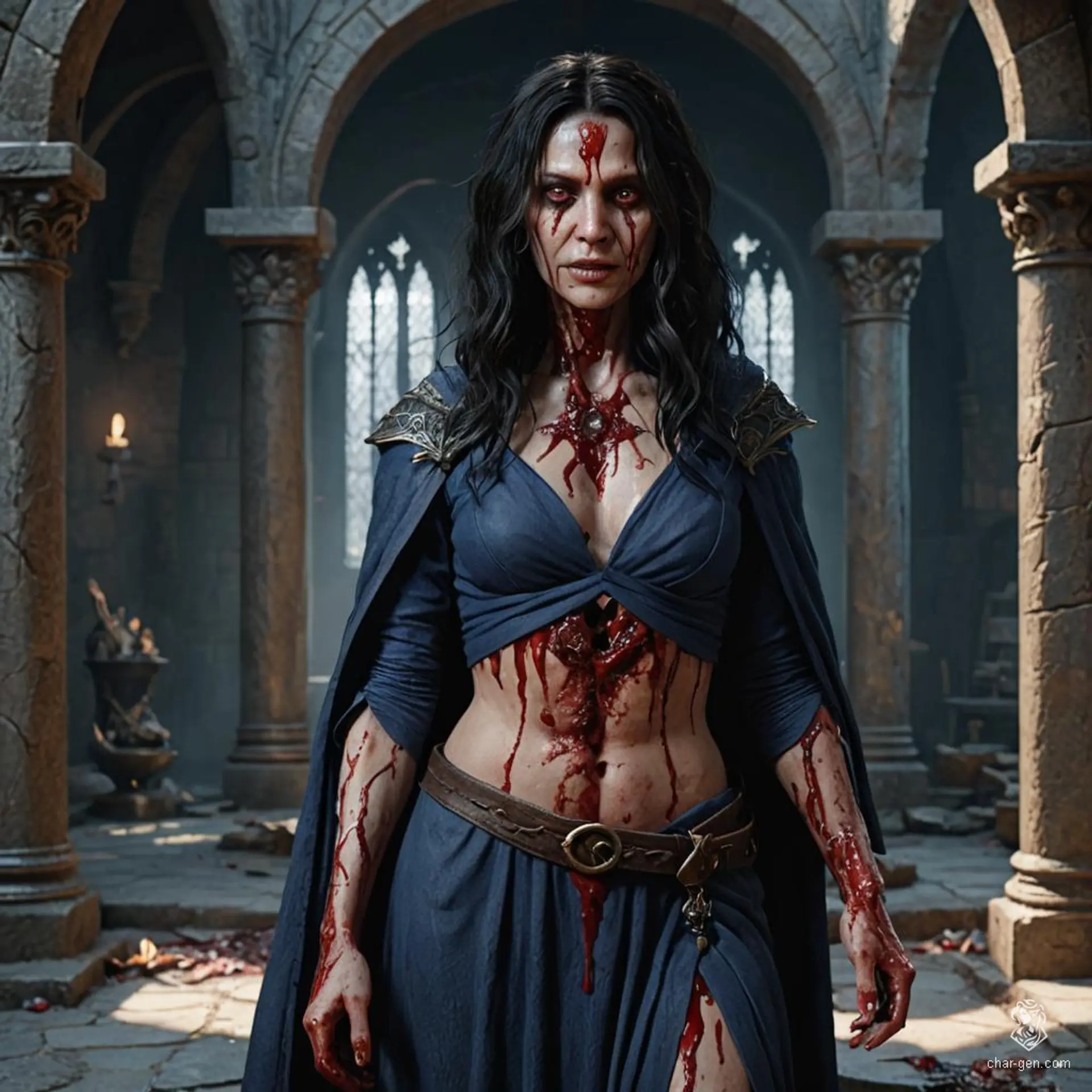 A frightened 40-year-old female sorcerer with bloodied skin contrasts sharply with her wavy black hair. Dressed in cobalt wizard robes adorned with arcane sigils, she smuggles contraband in hidden compartments, surrounded by an aura of magic.