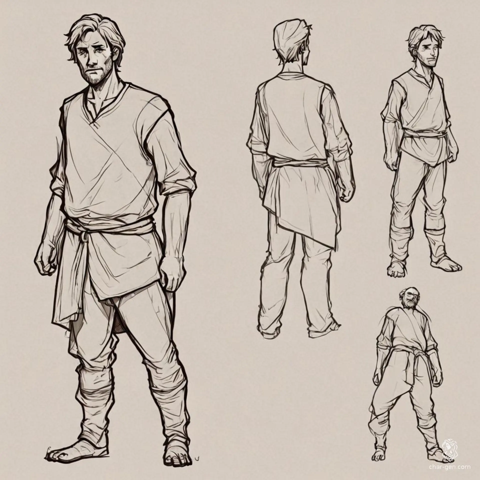 A humble human peasant, clad in simple, light clothing, stands in an A pose for a character profile sketch. The figure is presented from front, side, and back views, showcasing a plain but realistic design perfect for game development.
