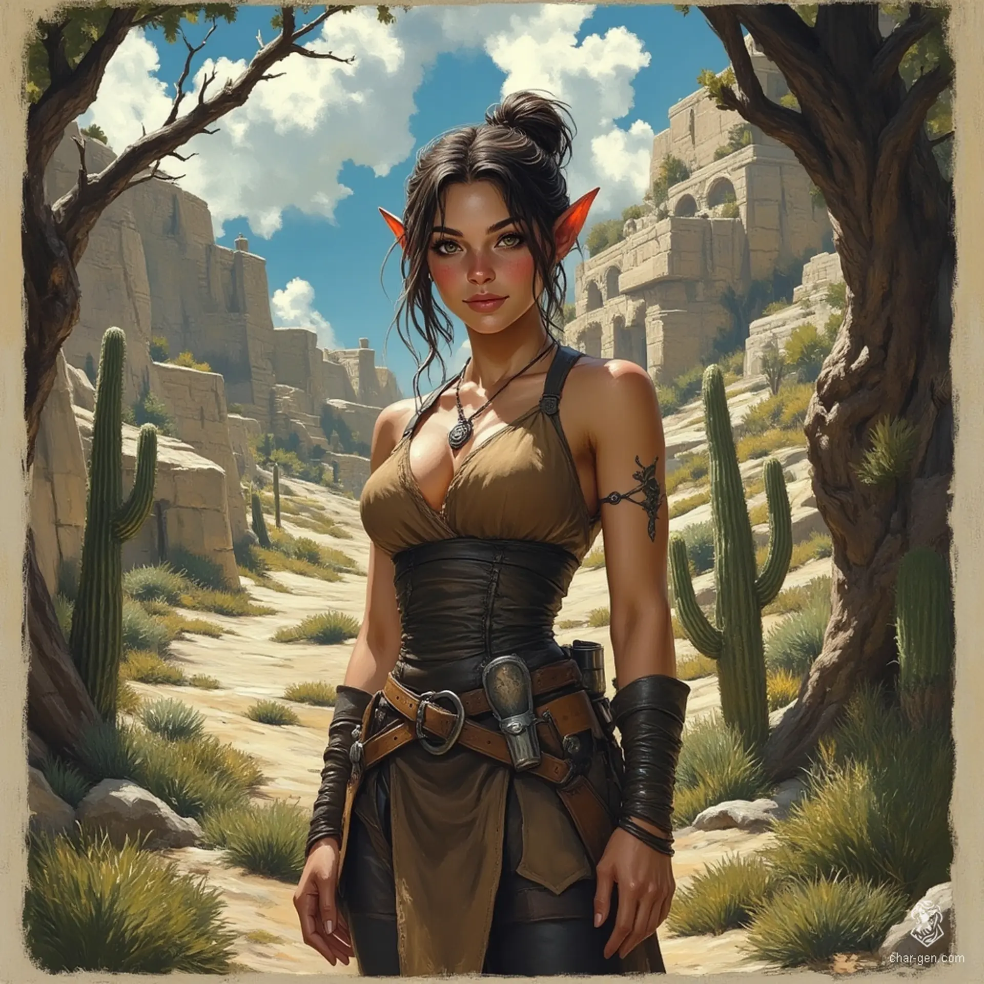 Izzy, a perky young halfling assassin, blends lethal beauty with a dangerous intellect. Standing 1.5 meters tall, her snake-like yellow-green eyes and green snake-scale tattoos hint at her lethal expertise. Dressed in a snug brown leather tunic, she lurks in shadows, ready to strike with her concealed daggers.