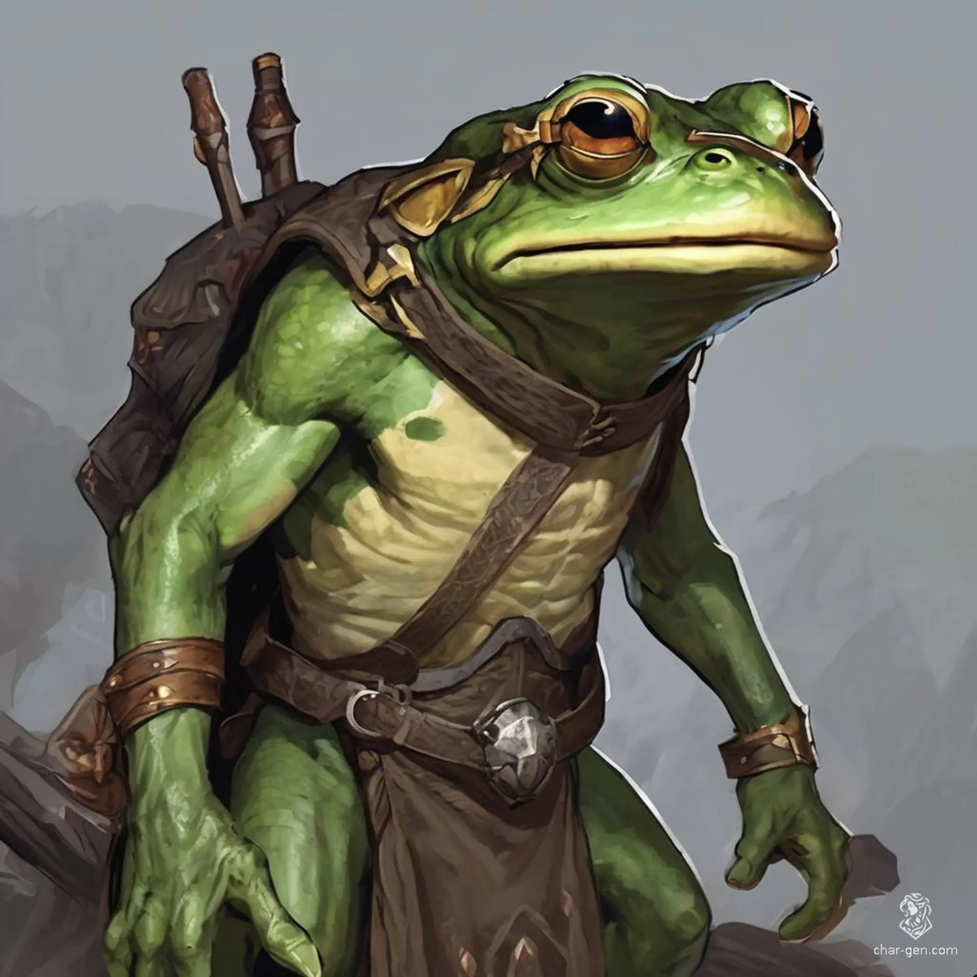 Meet Boggins, a slender Grung paladin with vibrant emerald skin and a friendly demeanor. Unarmored yet agile, he wields a radiant shield of leaves, championing justice and kindness in his swampy domain. With every leap, he spreads hope and camaraderie among all creatures.