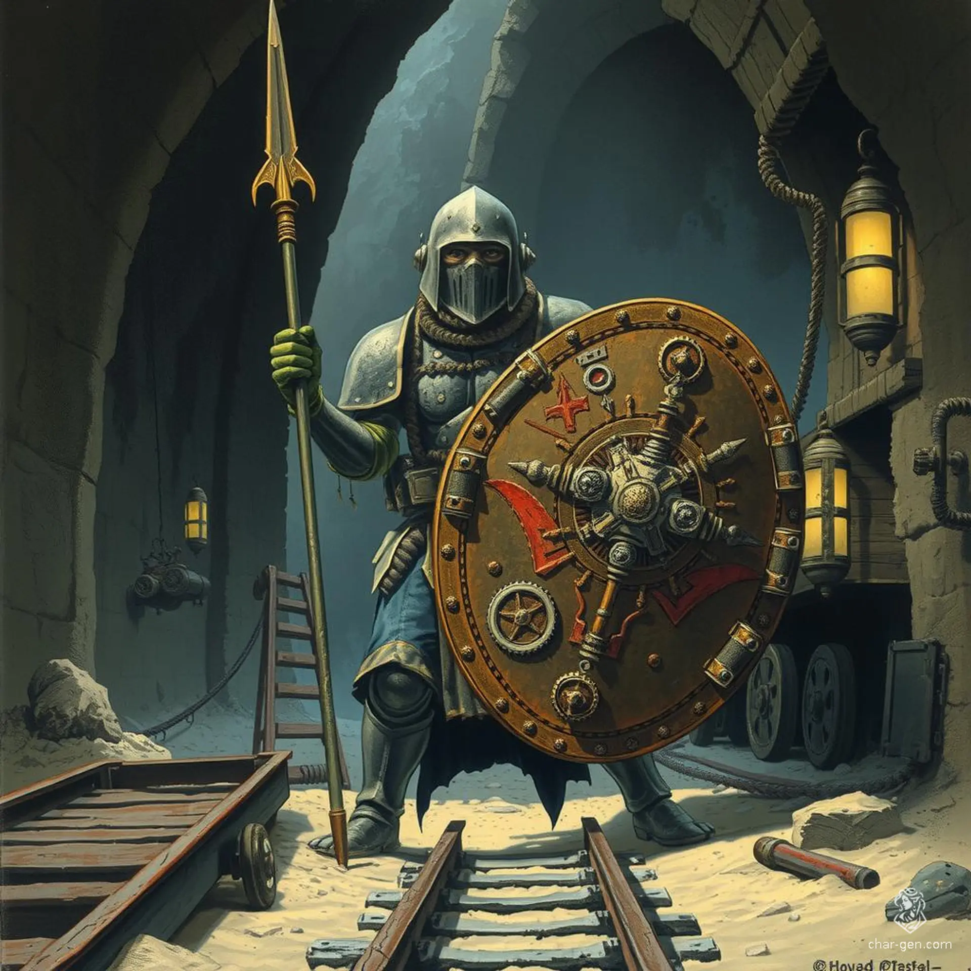 Engine is a dignified Paladin-Warlock warforged, blending wood and metal with gears and magic. Their protective stance and arcane sigils highlight their duality. Extremely nimble, wise, charming, and intelligent, Engine wields a prominent javelin and a detailed broad shield, embodying both strength and mystical prowess.