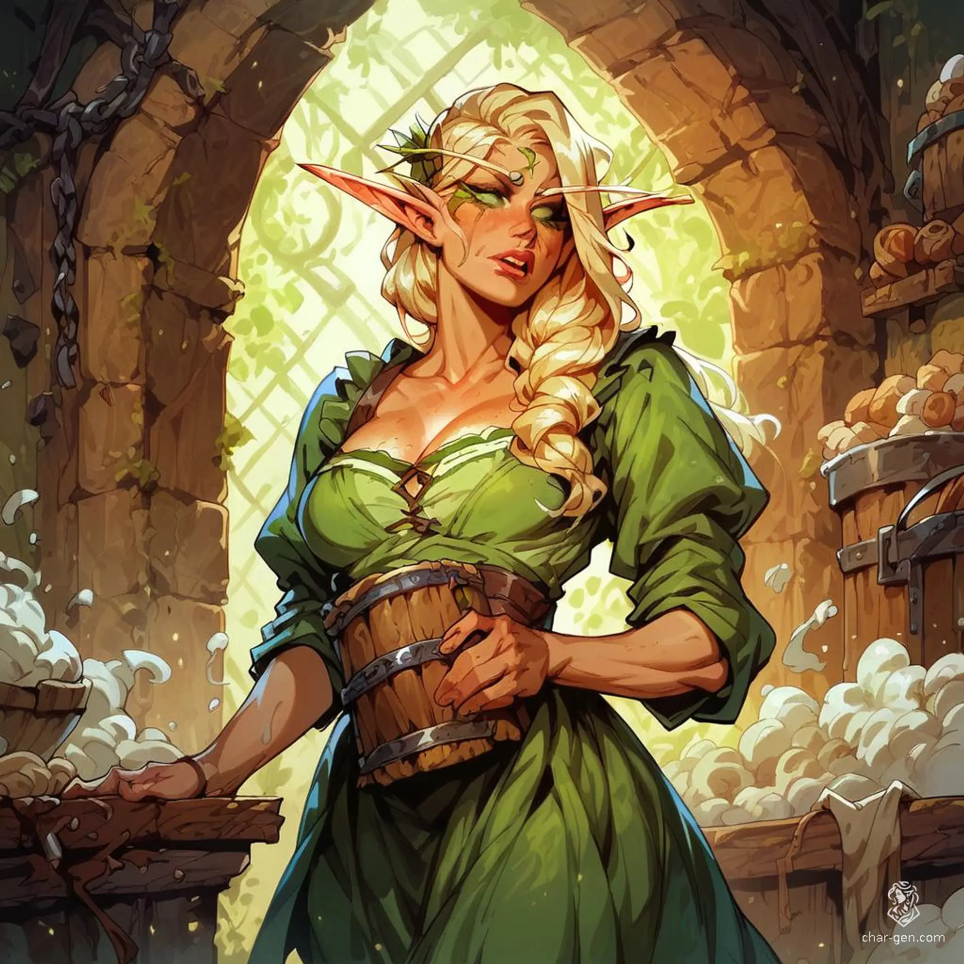 A enchanting blonde elf baker, with a busty figure, poses amidst a warm, inviting backdrop of ovens and fresh loaves. Covered in flour, her full lips and pinup charm add a touch of magic to her cozy, aromatic bakery.