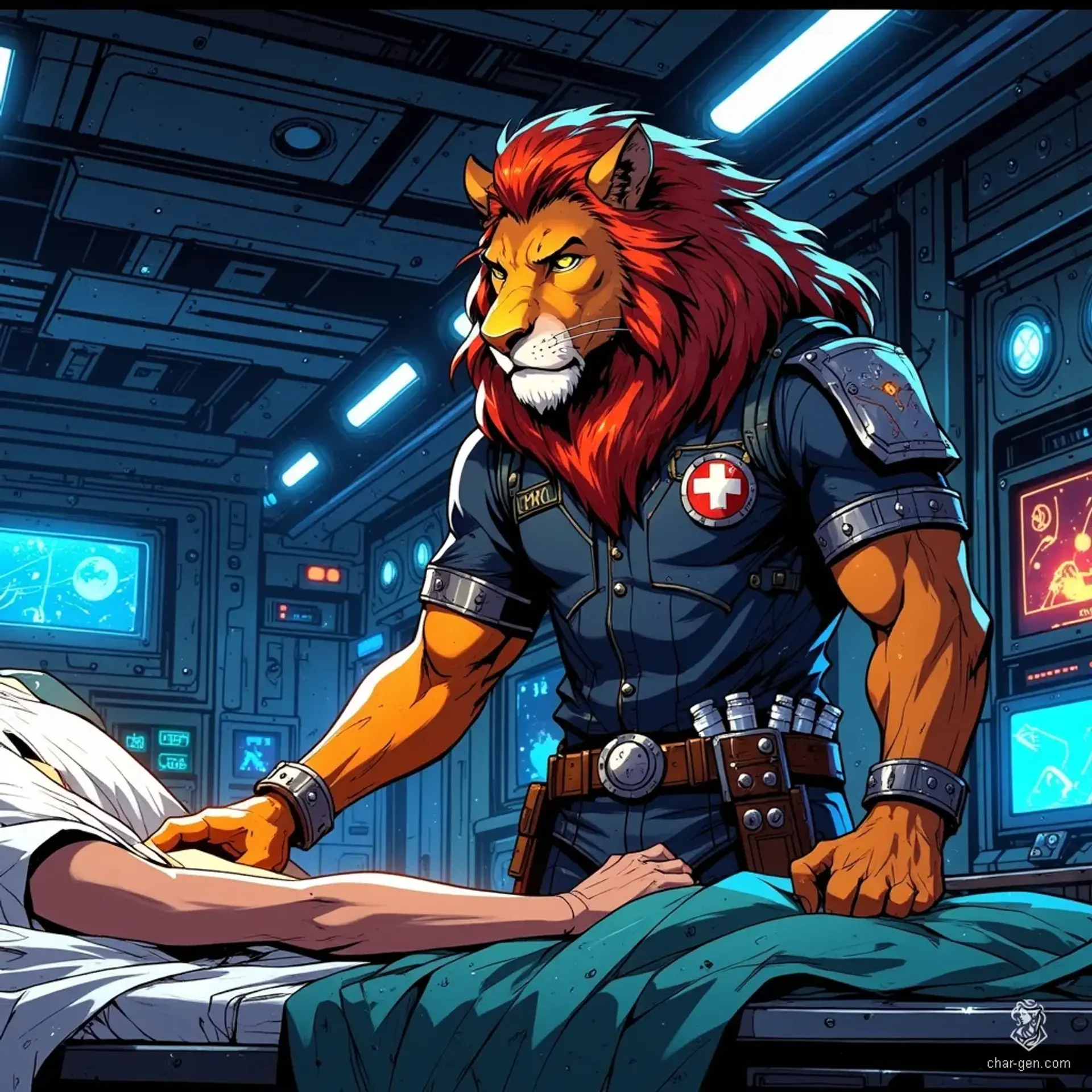 Tharun, an anthropomorphic lion ex-marine, serves as the dedicated medic of a starship crew. Towering and broad-shouldered, his well-groomed mane and warm golden eyes reflect his wisdom and experience. Clad in a modified medical uniform, he balances fierce protection with compassionate care, ensuring his teammates are ready for any challenge.