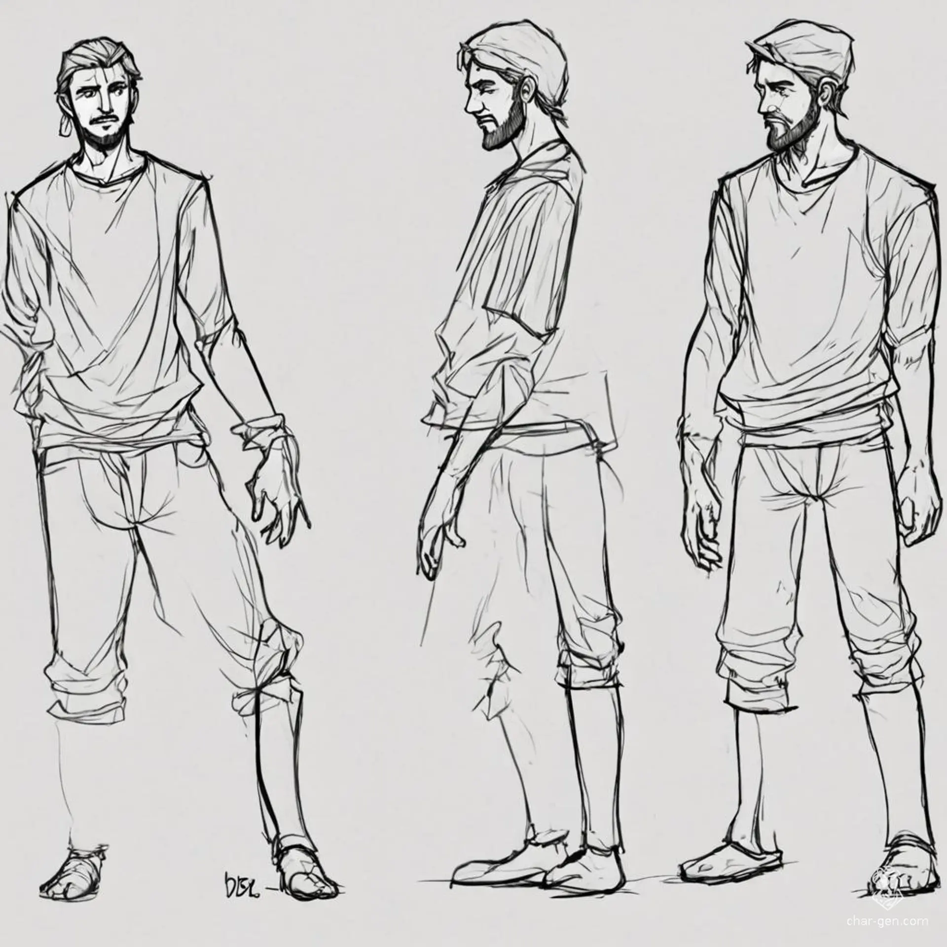 A humble human peasant, clad in simple, light clothing, stands in an A pose for a character profile sketch. The figure is presented from front, side, and back views, showcasing a plain but realistic design perfect for game development.