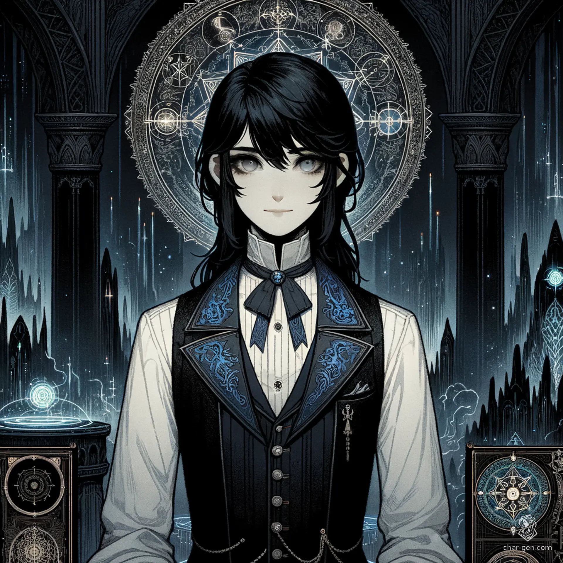 Astrid Ashpool, a genetically engineered human warlock from the noble Ashpool family, exudes charm and magical prowess. With fair skin, jet black hair, and piercing gray eyes, she maintains an elegant appearance to further AI Wintermute's interests, often seeming aloof.