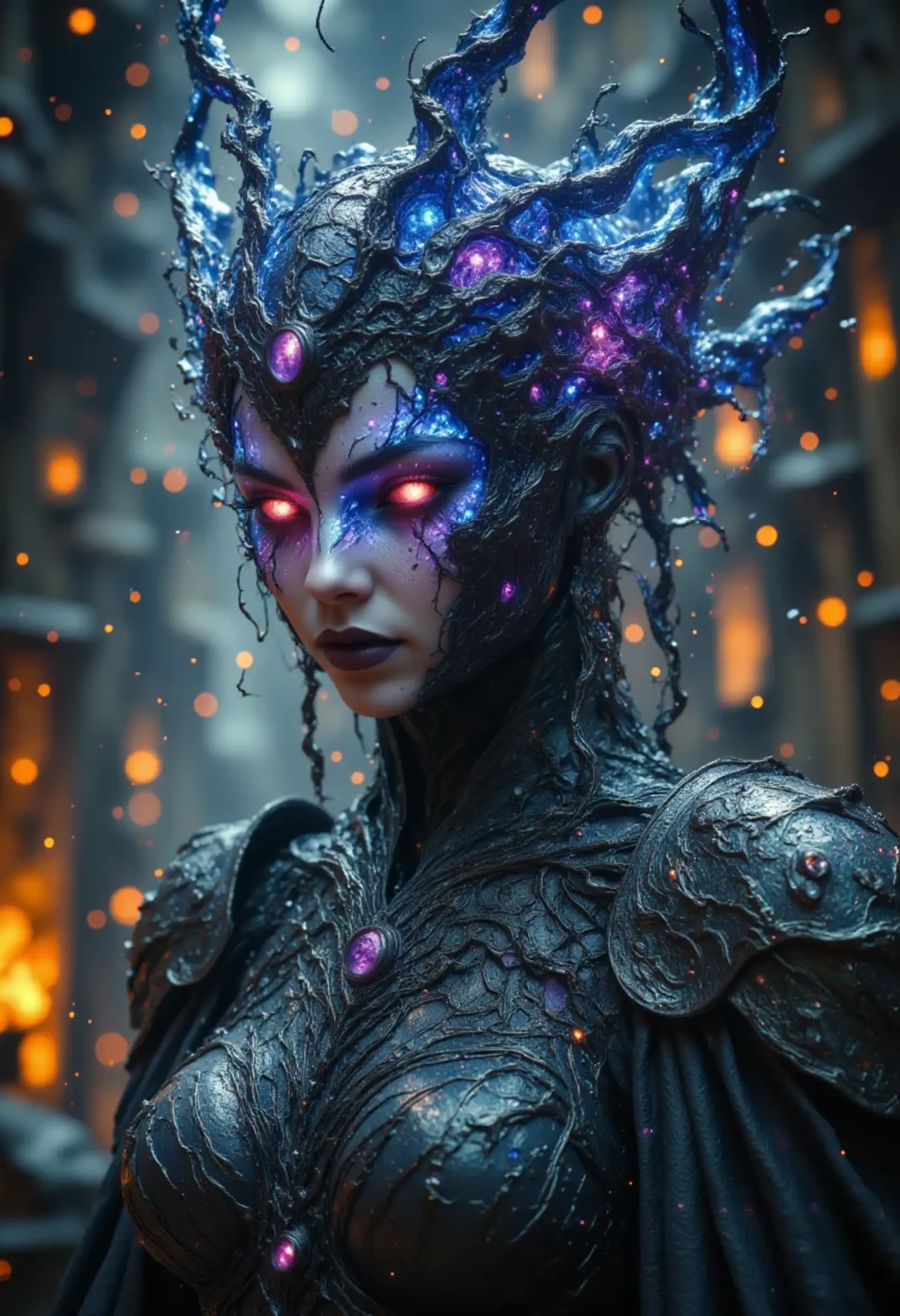 In a realm of shadows, the entity stands cloaked in ethereal darkness, its piercing gaze illuminated by a haunting light. With intricate patterns etched into its skin, it embodies a blend of grace and menace, commanding both fear and fascination in the heart of every beholder.