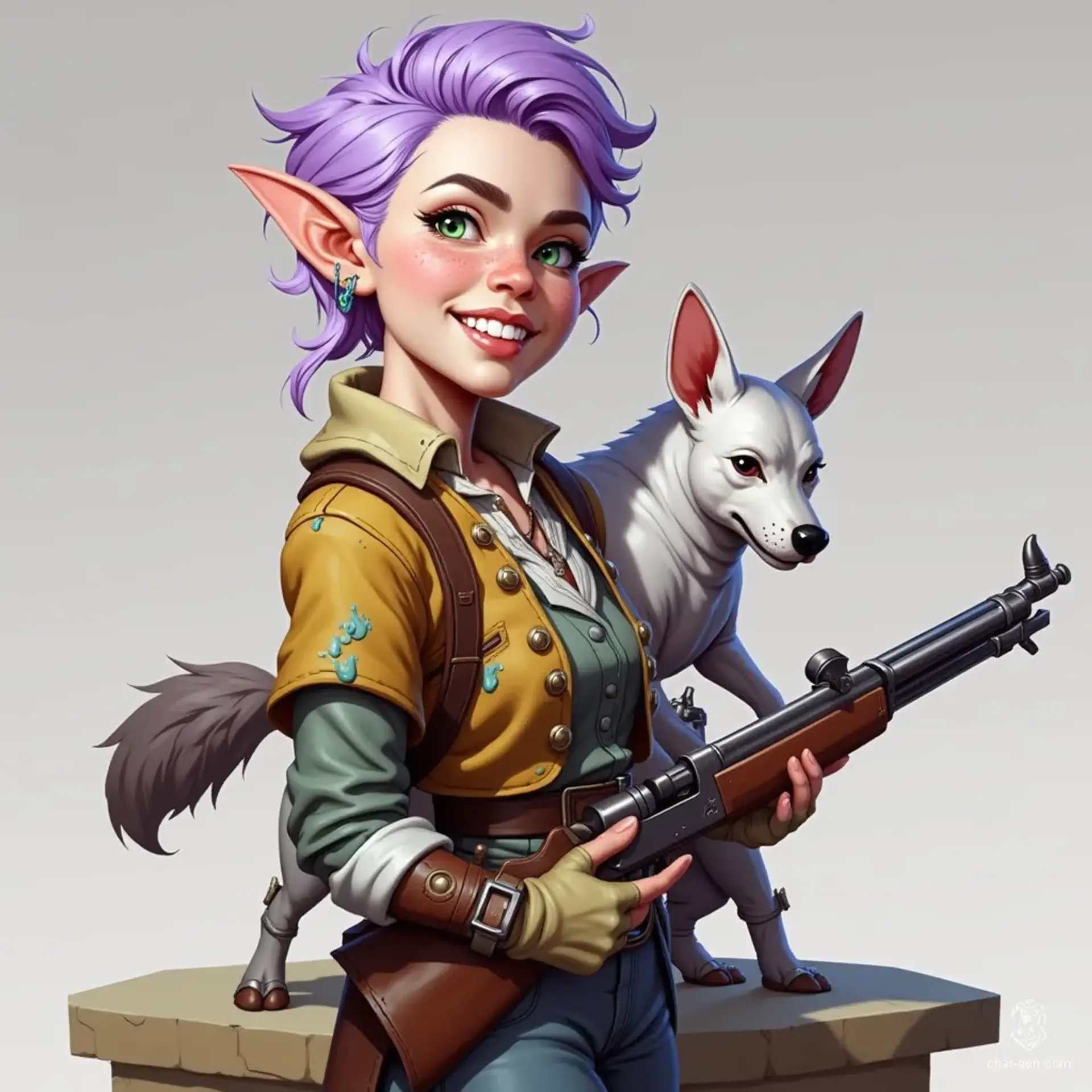 Meet Lirael, a spirited female gnome artificer with lavender pixie-cut hair and striking green eyes. Her freckled face beams with enthusiasm, dressed in grease-stained steampunk attire. Armed with a flintlock musket and accompanied by a loyal steel dog construct, she’s a brilliant innovator ready for adventure.