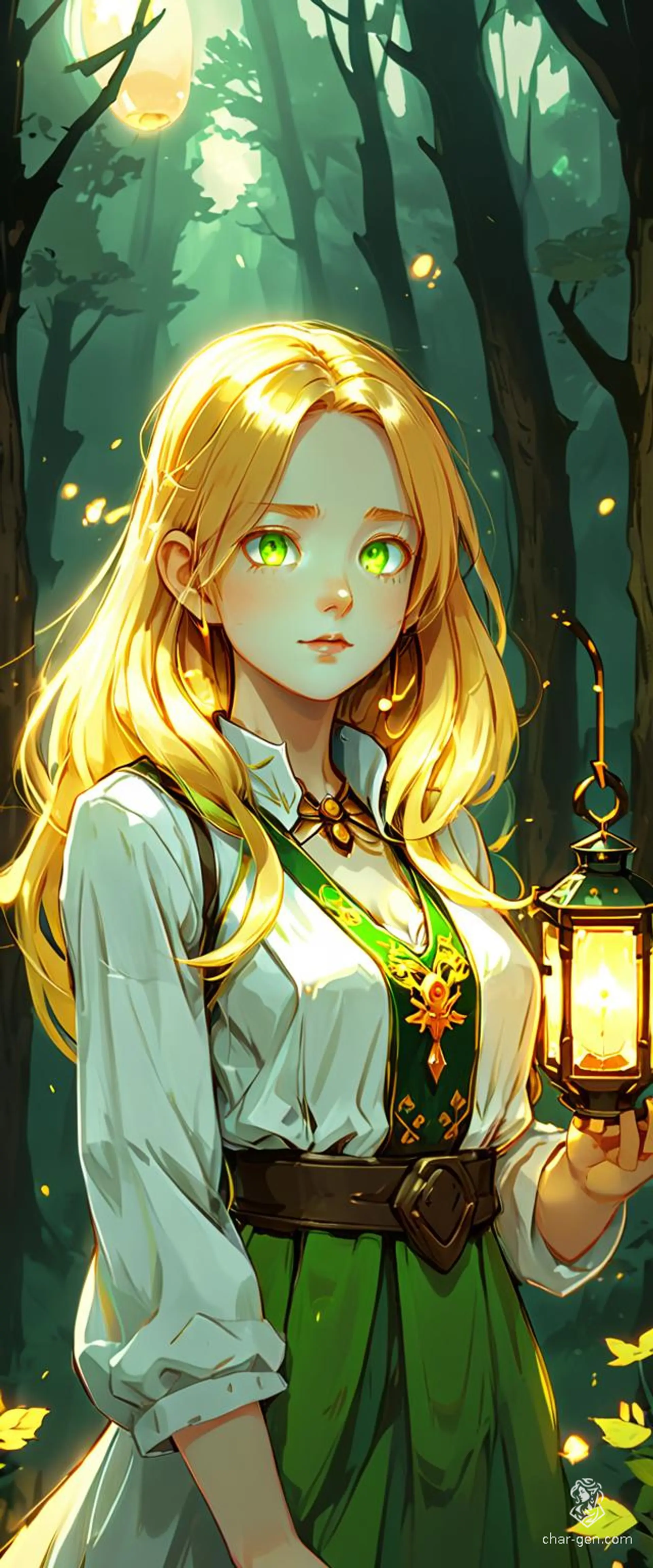 This stunning 4K anime-style digital artwork portrays a female character inspired by Slavic folklore. She has radiant golden hair, bright green eyes, and wears a light-colored, glow-in-the-dark dress. Holding a shining lantern, she stands in shadowy woods with light beams piercing through. The detailed, full-body illustration features perfect anatomy and depth of field, creating a lifelike and immersive scene.