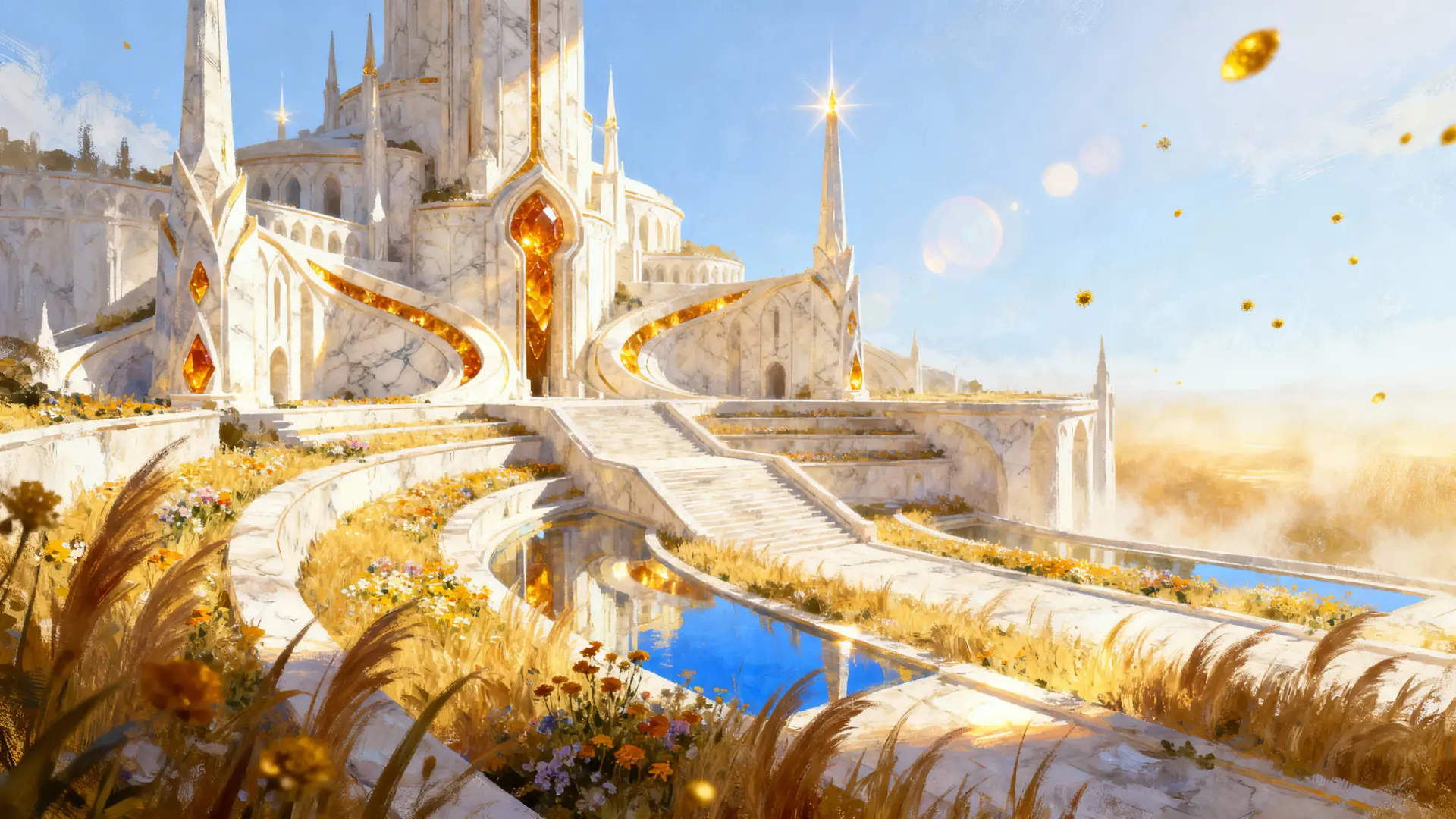 Jagged emerald spires pierce a lavender sky, their bases drowned in silver mist. A river of liquid moonlight threads between obsidian plateaus, while bioluminescent fungi carpet glassy plains and distant waterfalls hang frozen in midair like suspended mirrors.