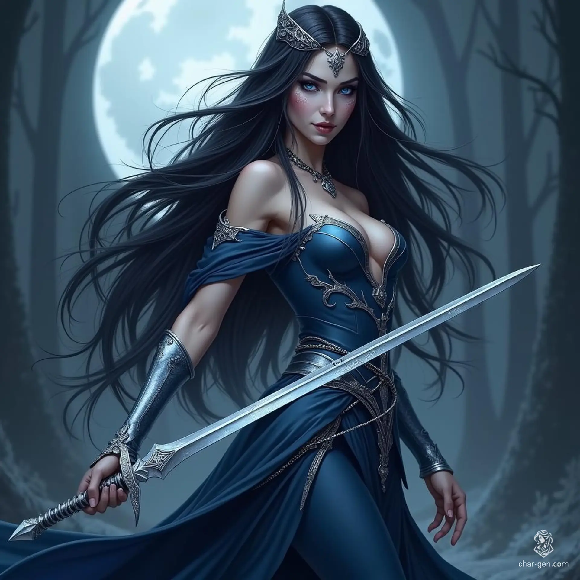 A mesmerizing moon elf bladesinger, she wields a shimmering longsword etched with arcane runes. Her long, dark hair adorned with silver and moon-themed accessories frames radiant, deep blue eyes. Dressed in a flowing dark blue tunic and sleek silver armor, she embodies elegance and deadly grace under the moonlit forest canopy.
