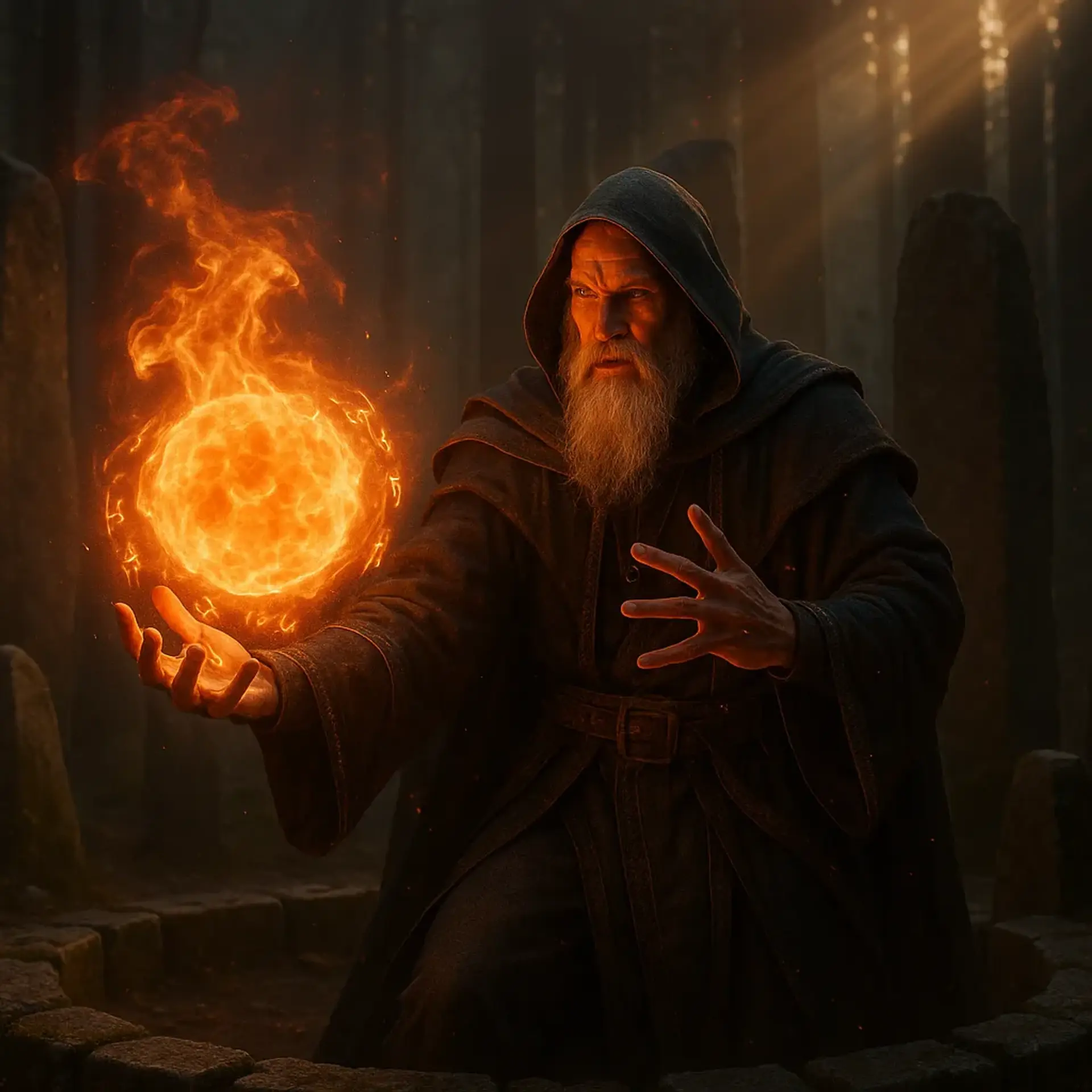 In a shadowed forest clearing, a powerful wizard conjures a blazing fireball, arcane runes pulsating around their hands. Illuminated by fiery orange-red god-rays, the ancient stone circle hums with magic, capturing an intense, cinematic moment of raw, elemental power.