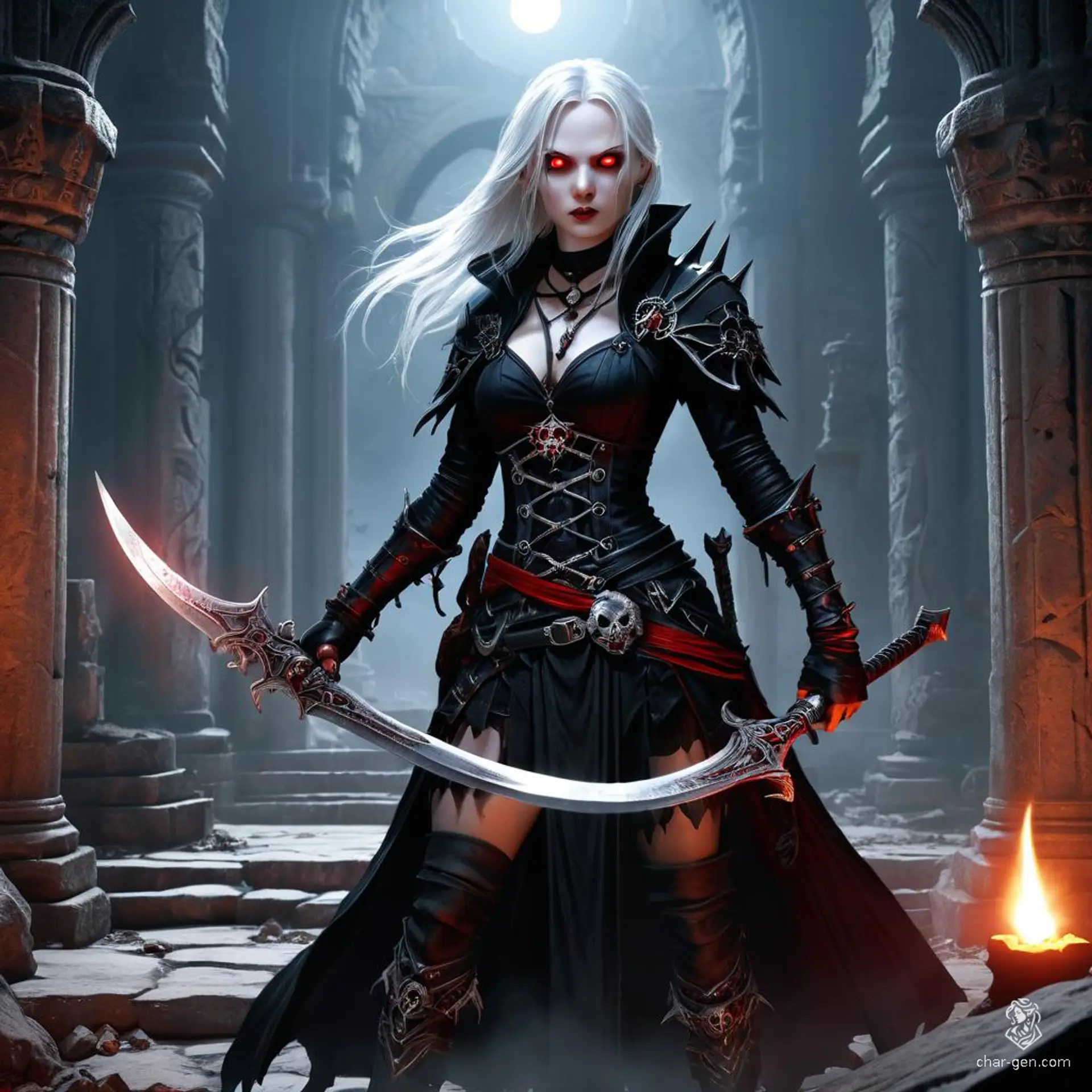 Aria, a female Dhampir, is a skilled treasure hunter navigating ancient ruins and perilous terrains. With vampiric agility and keen senses, she unearths hidden artifacts while battling dark forces, driven by a thirst for adventure and a complex heritage.