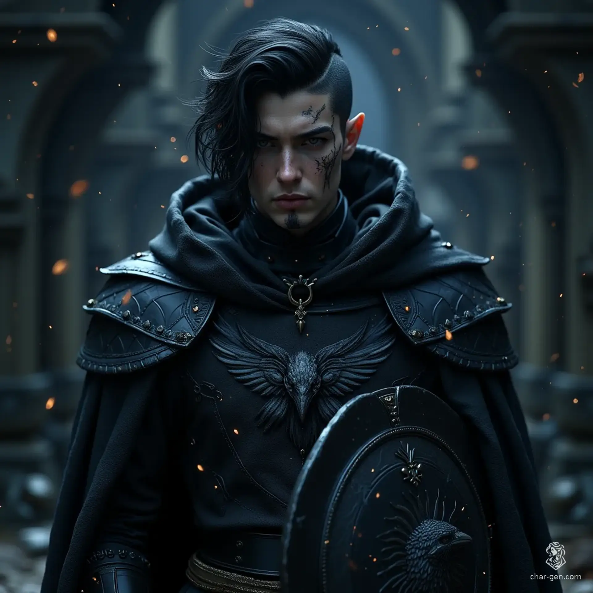 A male grey elf cleric devoted to the Raven Queen, he embodies darkness with his dark hair and grey skin adorned in simple face tattoos. Clad in black leather and mail armor featuring raven motifs, he wields a scimitar and shield, emerging from a shadowy backdrop.