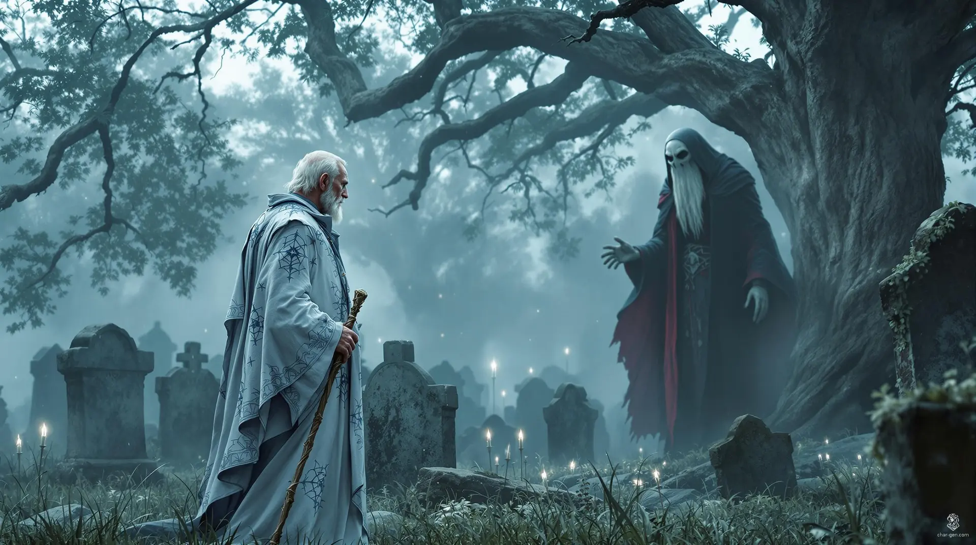 An ancient, kindly male wizard with bright white hair and deep wrinkles stands on a grassy field, clad in pale blue and white robes adorned with arcane sigils. Holding a diamond willow staff, he faces a looming lich across weathered tombstones beneath a sprawling oak.