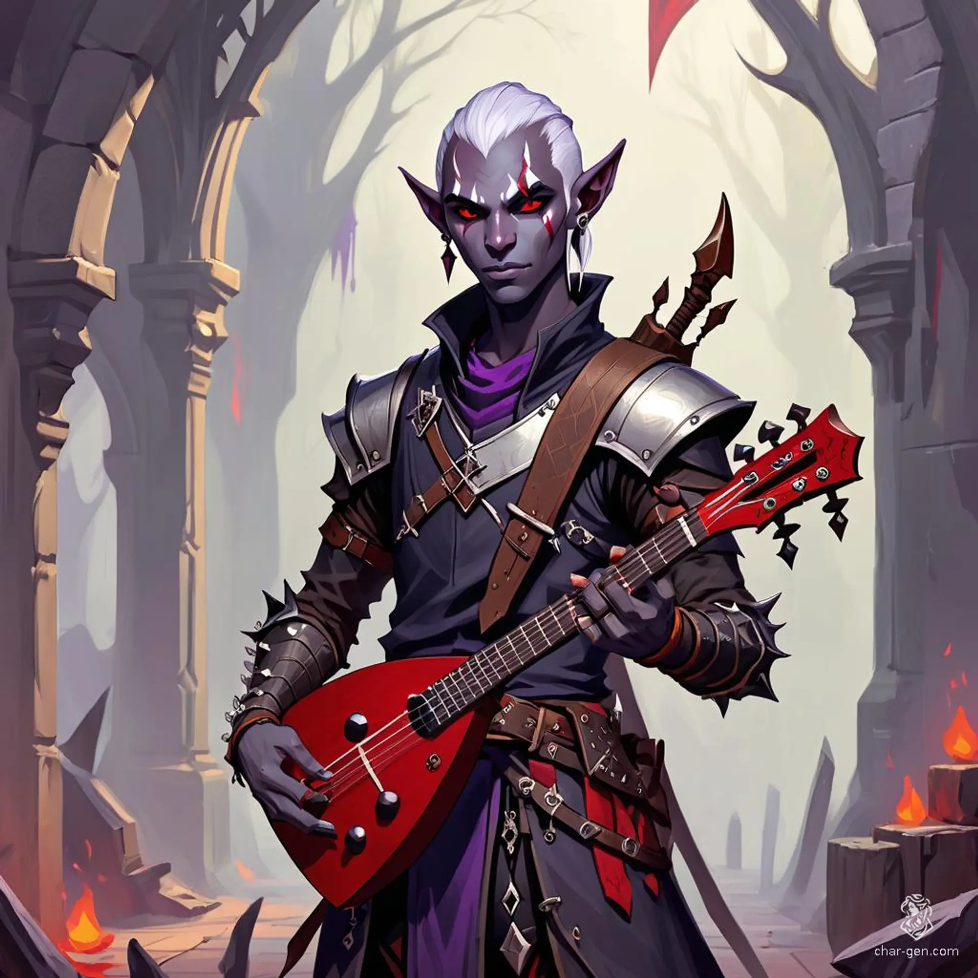 Meet Valrak, a male drow bard with dark purple skin, striking red eyes, and a rebellious spirit. His full lips and pointed dark elf ears add to his allure. Clad in punk rock armor, he wields a punk rock lute, ready to enchant and energize any crowd.