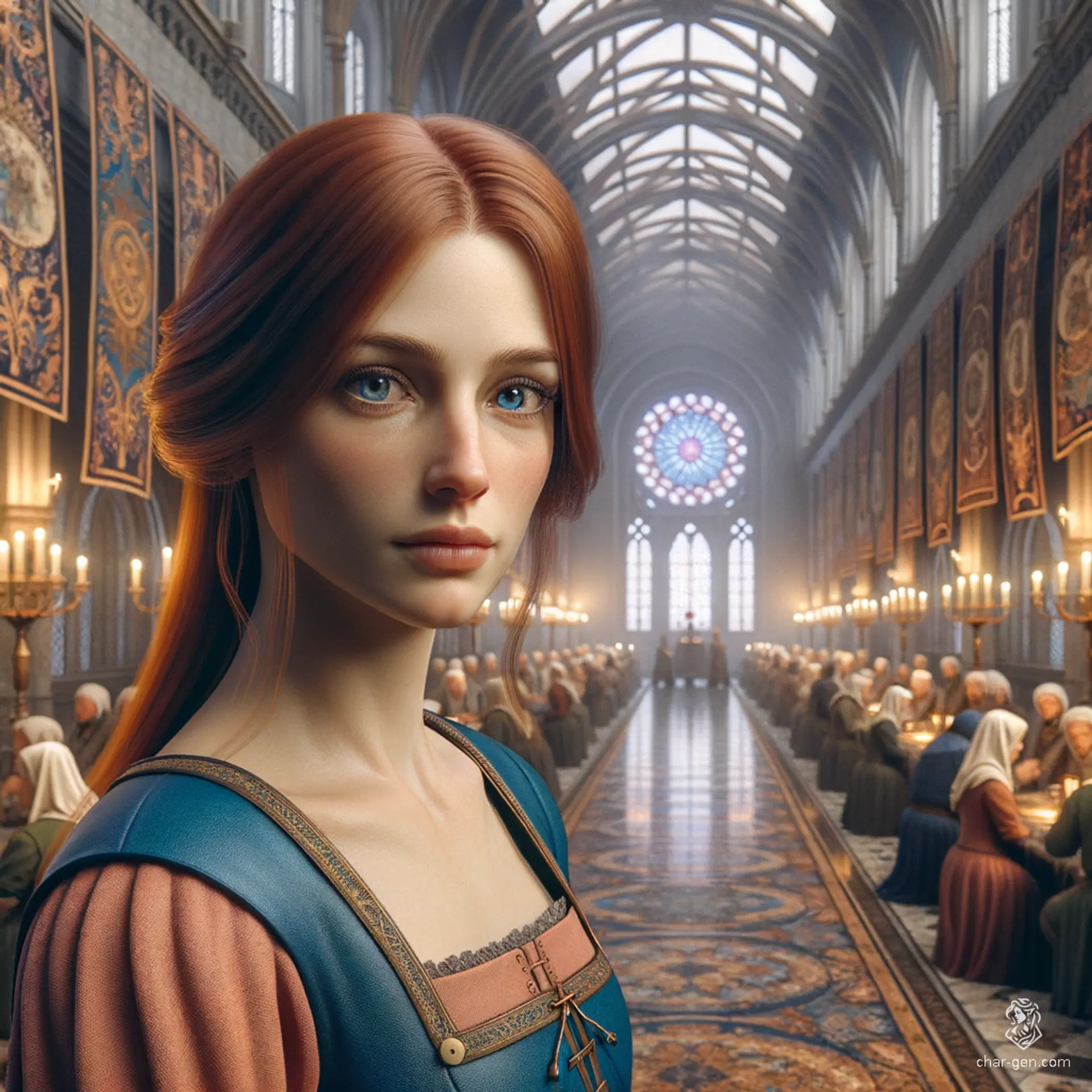 A fair-skinned female spy with long red hair and blue eyes, dressed unassumingly in cobalt and peach servant attire, blends into crowds, discreetly eavesdrops, and carries secret messages. Her inconspicuous presence ensures her effectiveness in gathering intelligence.