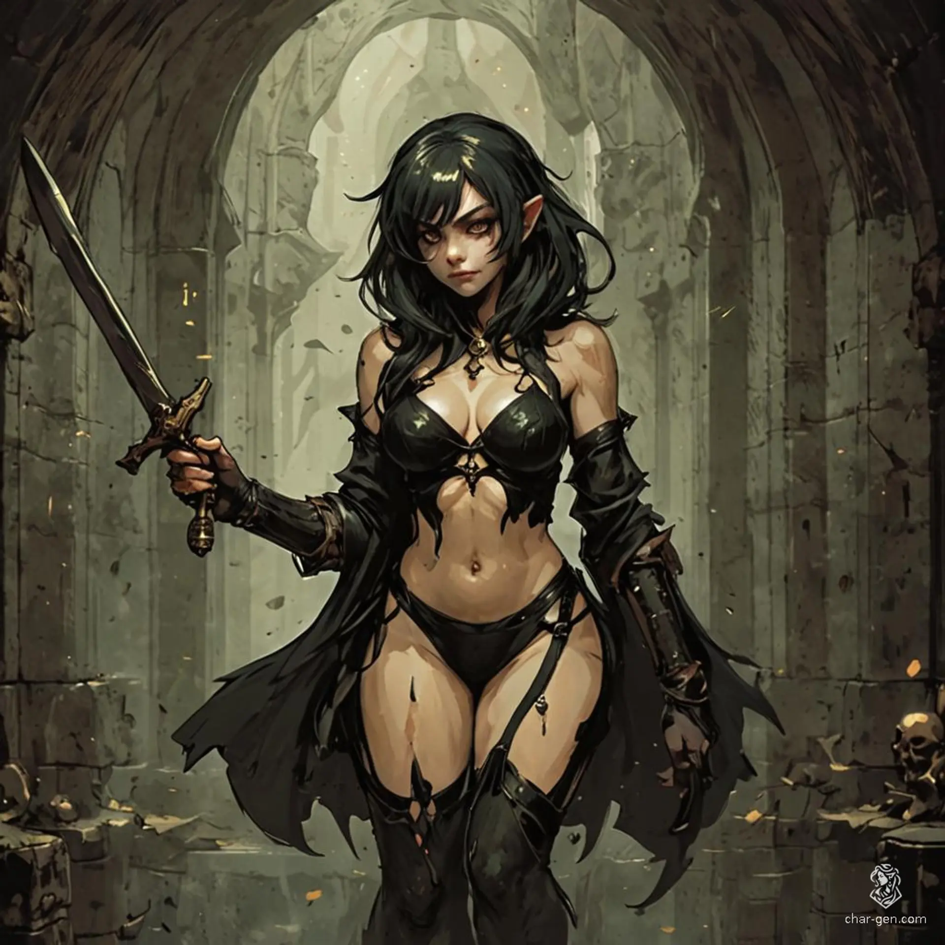 Silhouetted by moonlight, the goblin assassin glided into the chamber with lethal grace. Her agile frame and keen eyes glinted with malice, while a dagger, glistening with deadly poison, promised swift demise to any who dared cross her path.