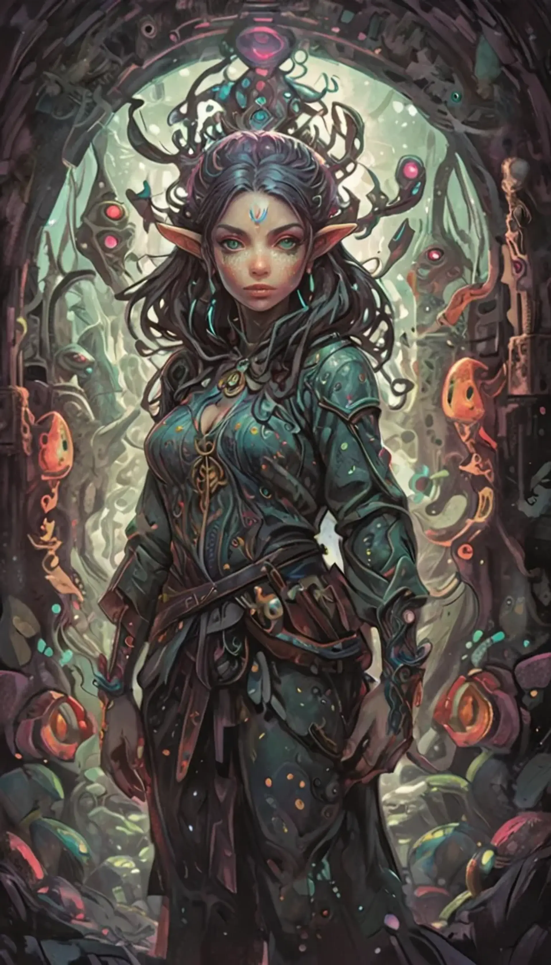 Rasha Authlayl, an elven exile from the isolationist Llewyrr of Moonshae’s Synnoria, defies tradition to explore the Highlands of Corwell. A gifted diviner and cartographer, she bridges worlds with cosmic insight and a rebellious spirit, charting both land and destiny.