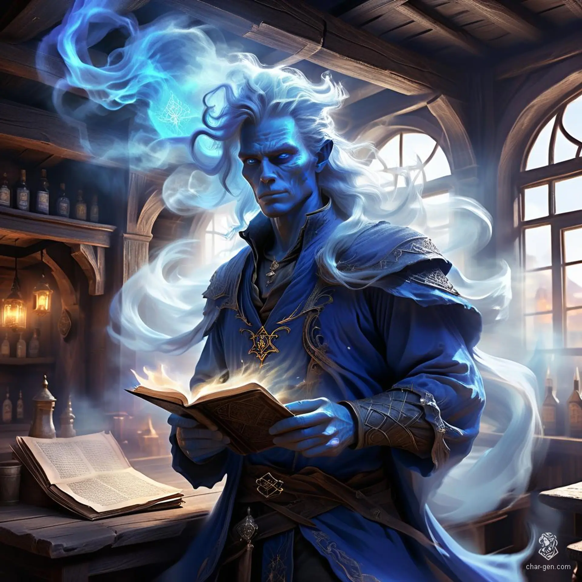 An air genasi-human hybrid wizard with bright blue, windswept skin and an ethereal air nebula effect. He has light, distinct skin texture, arcane sigils, and enchanted garments, wielding a magical tome or staff. His long hair flows as if caught in a perpetual breeze.