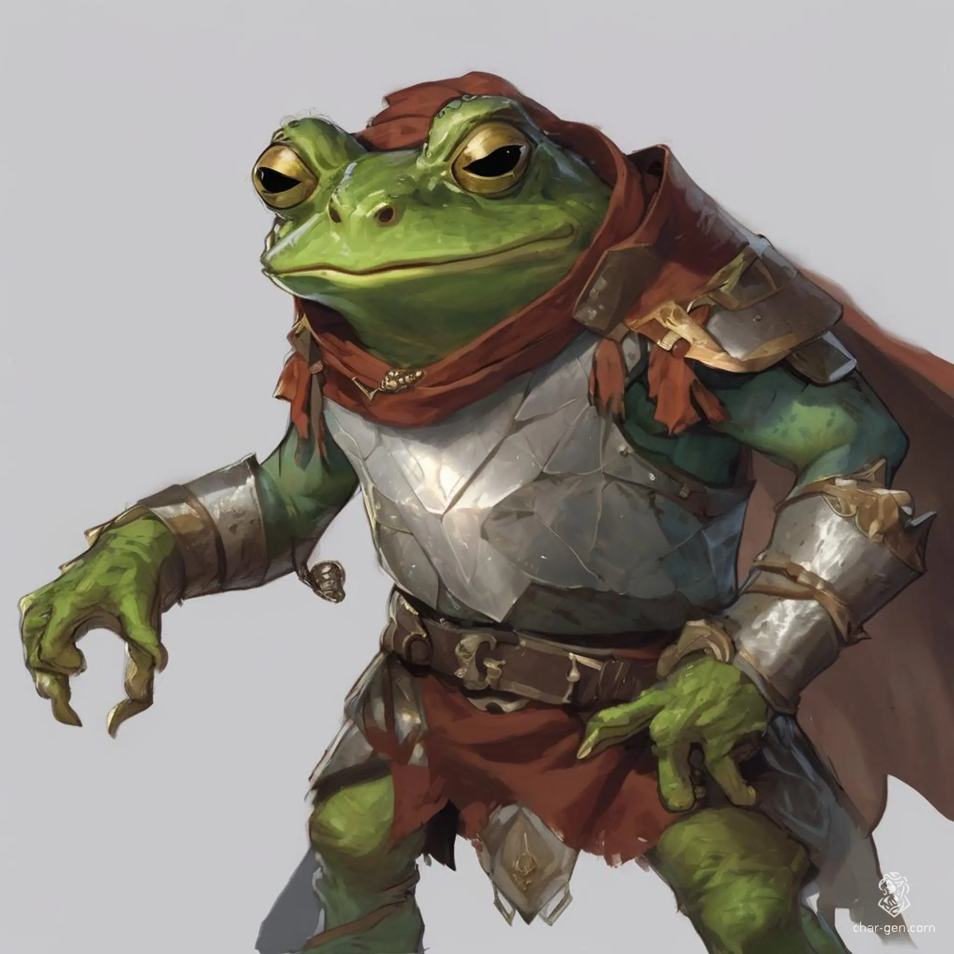 Meet Boggins, a slender Grung paladin with vibrant emerald skin and a friendly demeanor. Unarmored yet agile, he wields a radiant shield of leaves, championing justice and kindness in his swampy domain. With every leap, he spreads hope and camaraderie among all creatures.