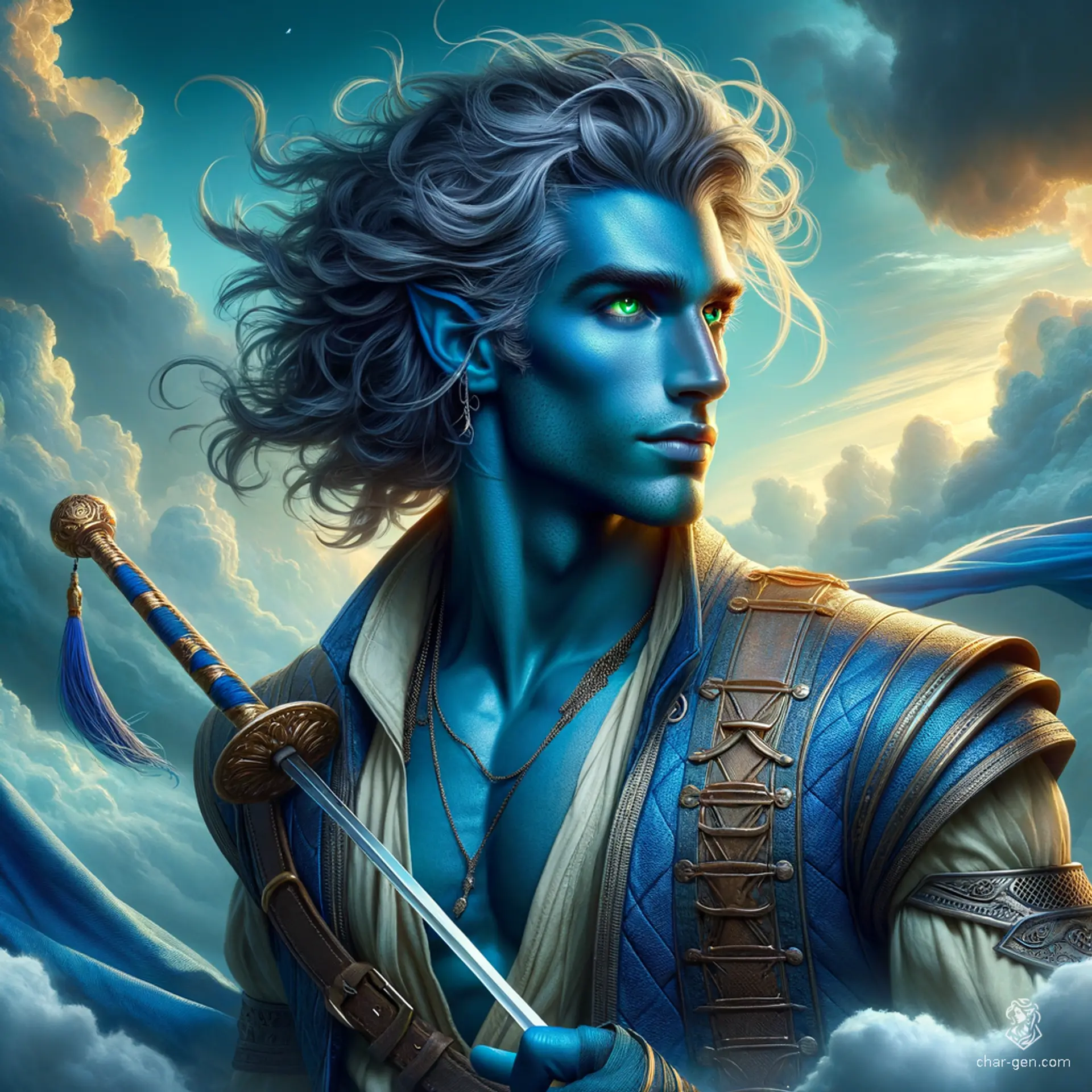 Breezen Aeolus is a charming air genasi bard, 19 years old, with bright sky-blue skin and storm cloud grey hair. He wields a rapier with confidence and captivates audiences with his magical lute. Dressed in intricate leather armor, his nimble grace and expressive gestures enchant all who meet him.