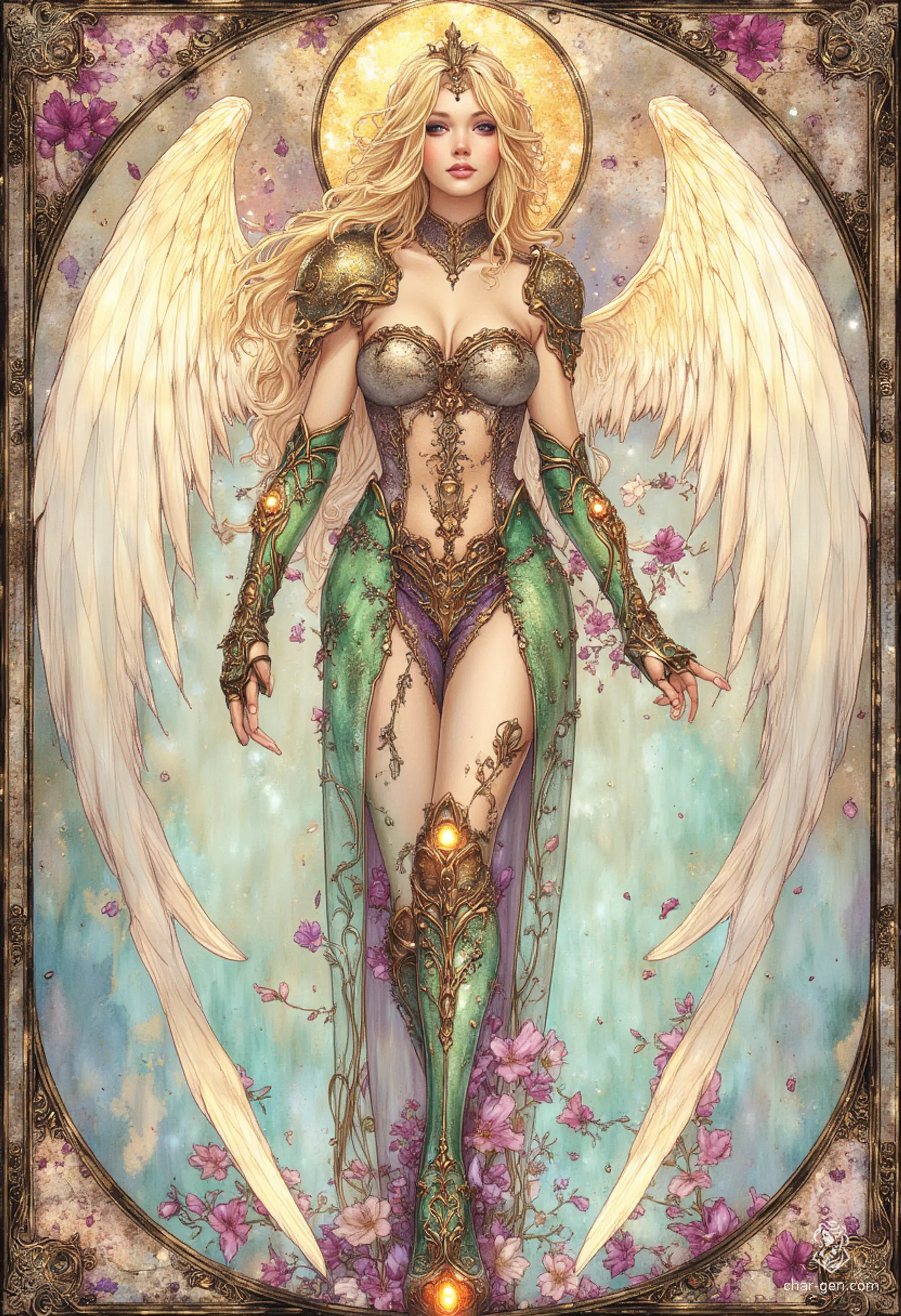 Sigarda, a breathtaking angelic figure, embodies grace and beauty. Dressed in ornate green and gold armor, her golden hair cascades like sunlight. With solid gold glowing eyes and intricate, flowing curves reminiscent of art nouveau, she floats serenely in a vibrant sky, surrounded by delicate floral motifs.