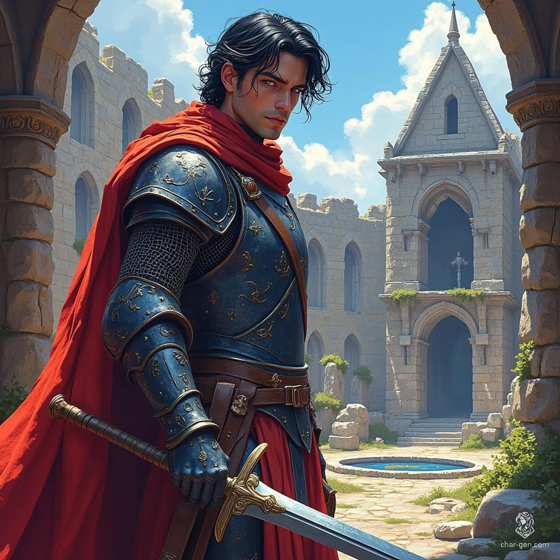 Vaster Menthur, a formidable 40-year-old human fighter, stands 6'0" tall with a medium build. Clad in intricately detailed chain mail, he wields a flail with confidence. His pale skin and jet-black hair contrast with his striking grey eyes, embodying strength and resilience on the battlefield.