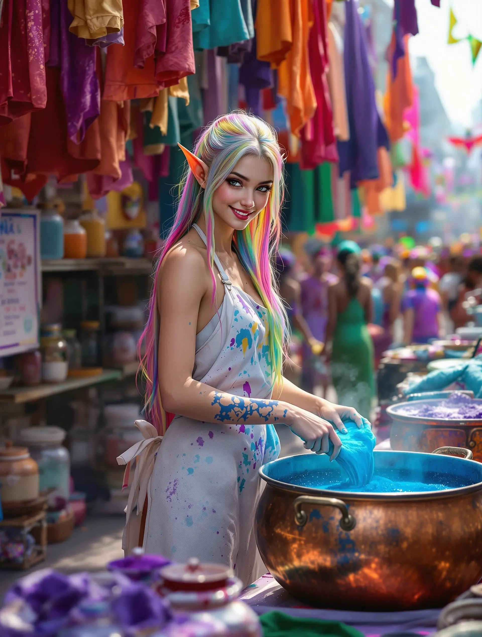 A serene young female elf monk with fair, radiant skin and flowing rainbow hair works expertly at a vibrant Mardi Gras fabric dyeing stall. Surrounded by colorful silks, jars of powdered dyes, and drying racks, her smile and fluid movements bring life and color to every fabric she touches.