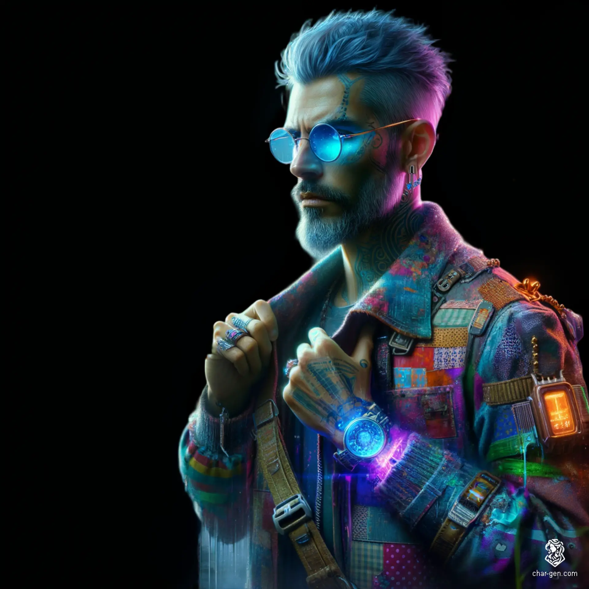 A tan-skinned male artificer, with long greying hair accented by blue strokes, wears a stylish jacket adorned with chaotic floral patches. His intellectual gaze behind light blue oval glasses hints at wisdom. As a magical courier, he weaves through realms with intricate gadgets, a tome, and a satchel of enchanted messages.