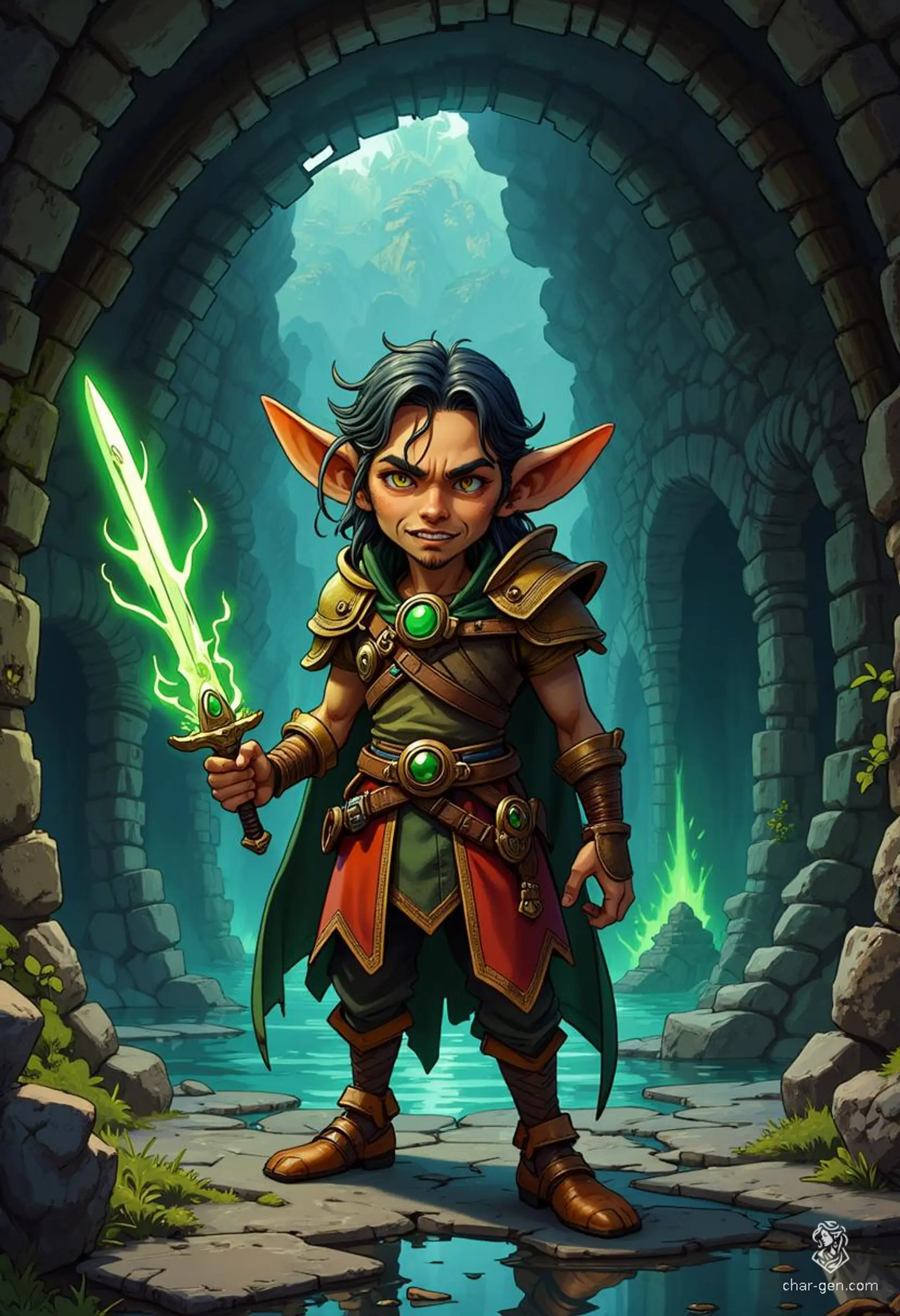 Bittles is a nimble goblin rogue with a stealthy presence and a small, agile build. Sporting intricately detailed leather armor and a green-gemmed dagger clutched tightly in hand, this clever urchin moves silently through the shadows, ready for mischief and adventure.