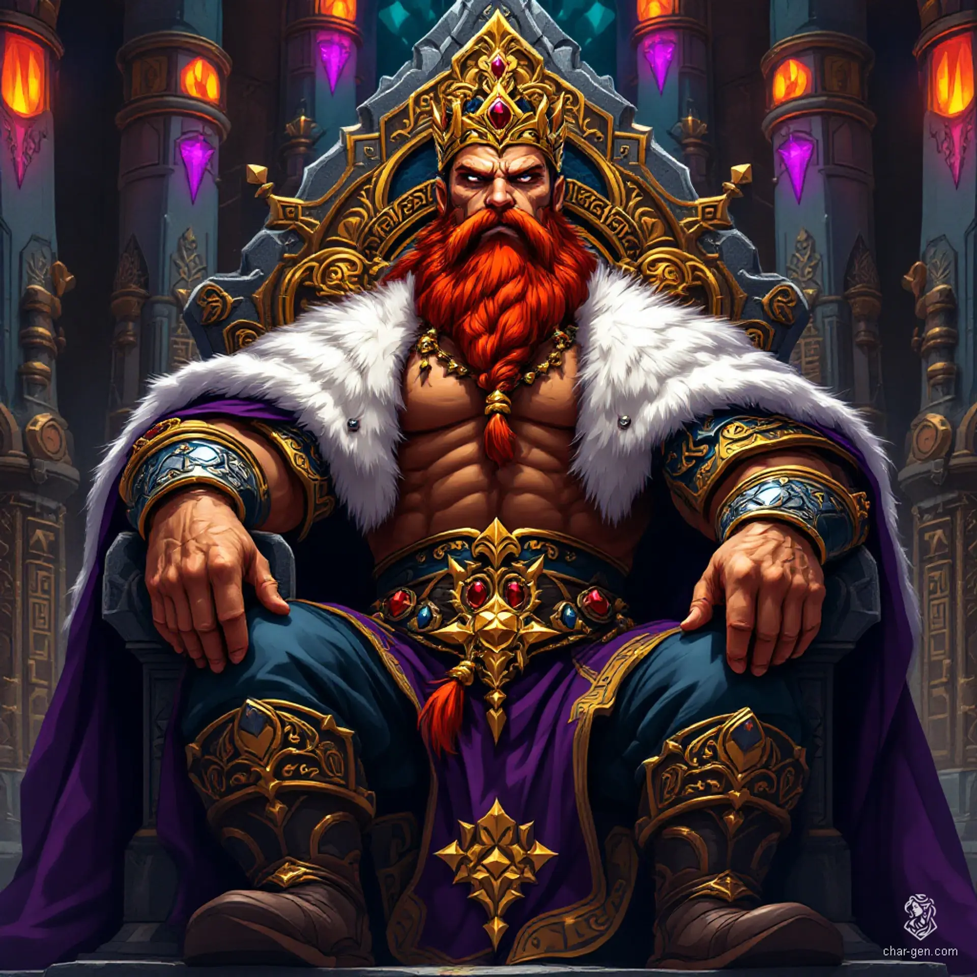Thragar Stoneheart, the proud Dwarven King, exudes majesty and strength from his intricately designed throne. With a braided red beard adorned in gold, sharp eyes filled with wisdom, and clad in resplendent armor, he embodies the spirit of his people, ruling with honor while wielding a glowing warhammer.