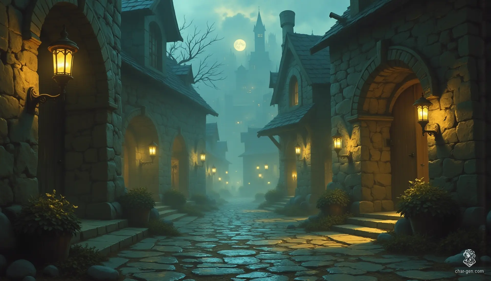 In the twilight shroud of Westcrown, crumbling facades tower like ghostly sentinels along winding cobblestone paths. Flickering lanterns cast soft, eerie glows, illuminating the remnants of past splendor. A thick fog dances overhead, enveloping the streets in an ethereal ambiance, hinting at mysteries long forgotten.