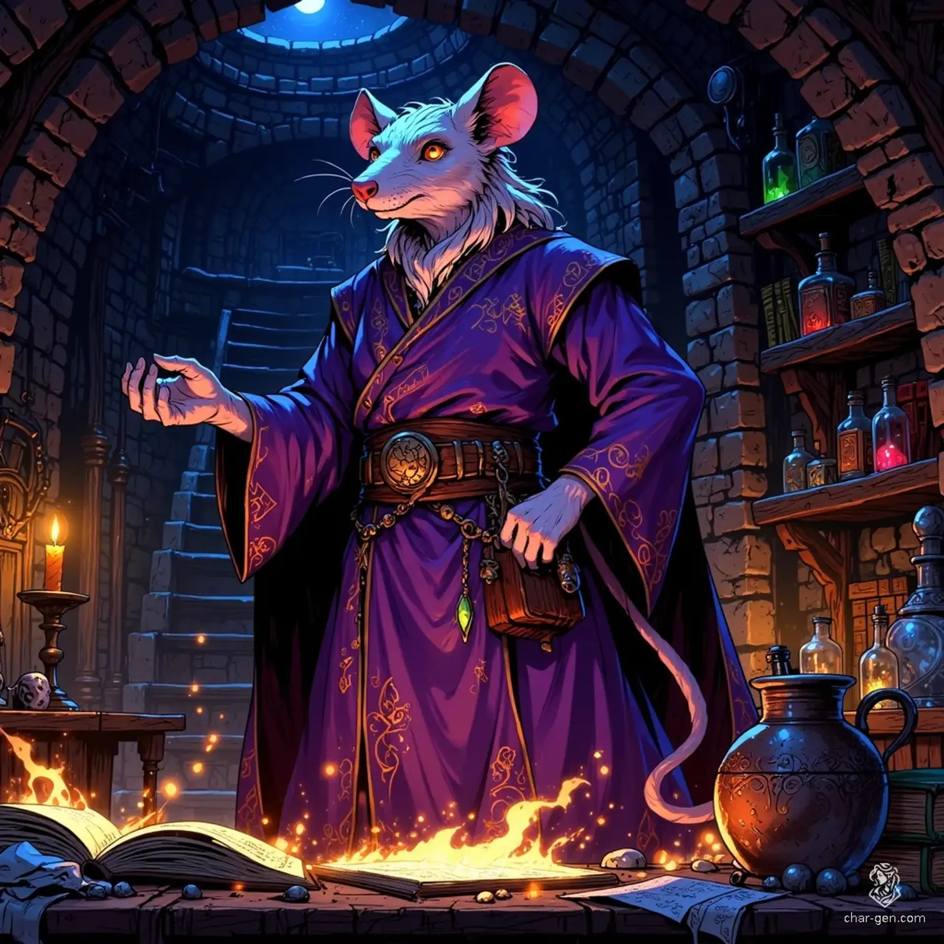 In a dimly lit wizard’s tower, an aged anthropomorphic rat wizard, draped in a frayed deep purple robe, conjures ancient spells over a bubbling cauldron. With keen amber eyes and a wiry beard, he embodies quiet power, surrounded by mystical artifacts and the scent of alchemical secrets.