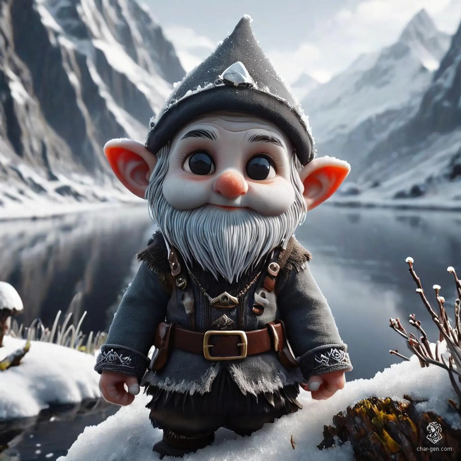 A dark-skinned, deep gnome ranger with a shaved head and face, clad in tattered leather armor. This male bandit, with rugged, dark gray skin, carries stolen coins and wields a bow, embodying the hardened outlaw life.