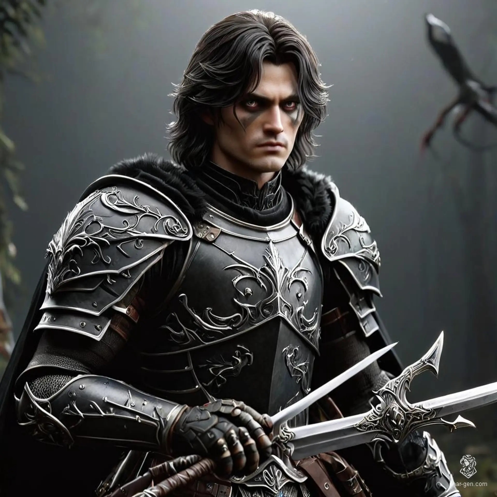 Dark Marcus is an evil and very charming, intelligent paladin with a dignified aura. As a shadar-kai/dark elf hybrid, he features obsidian eyes, raven hair, and white skin. Known for his broken oaths, he wields a longsword and intricately detailed shield.