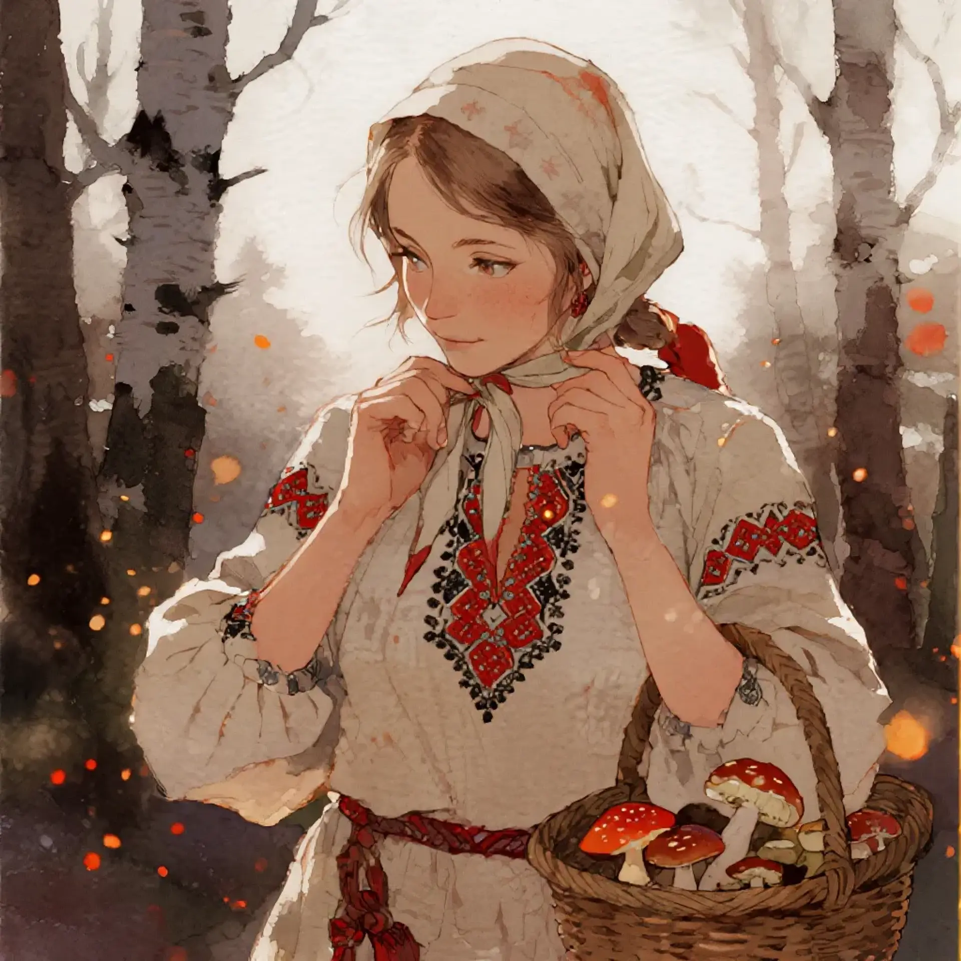 A young Slavic woman tightens her kerchief in dawn mist, wearing a red-and-black embroidered linen blouse. She carries a mushroom-laden basket, bathed in pale sunlight and drifting motes—unaware of faint, watchful eyes glinting from the birches, lending the scene a tranquil, uncanny hush.
