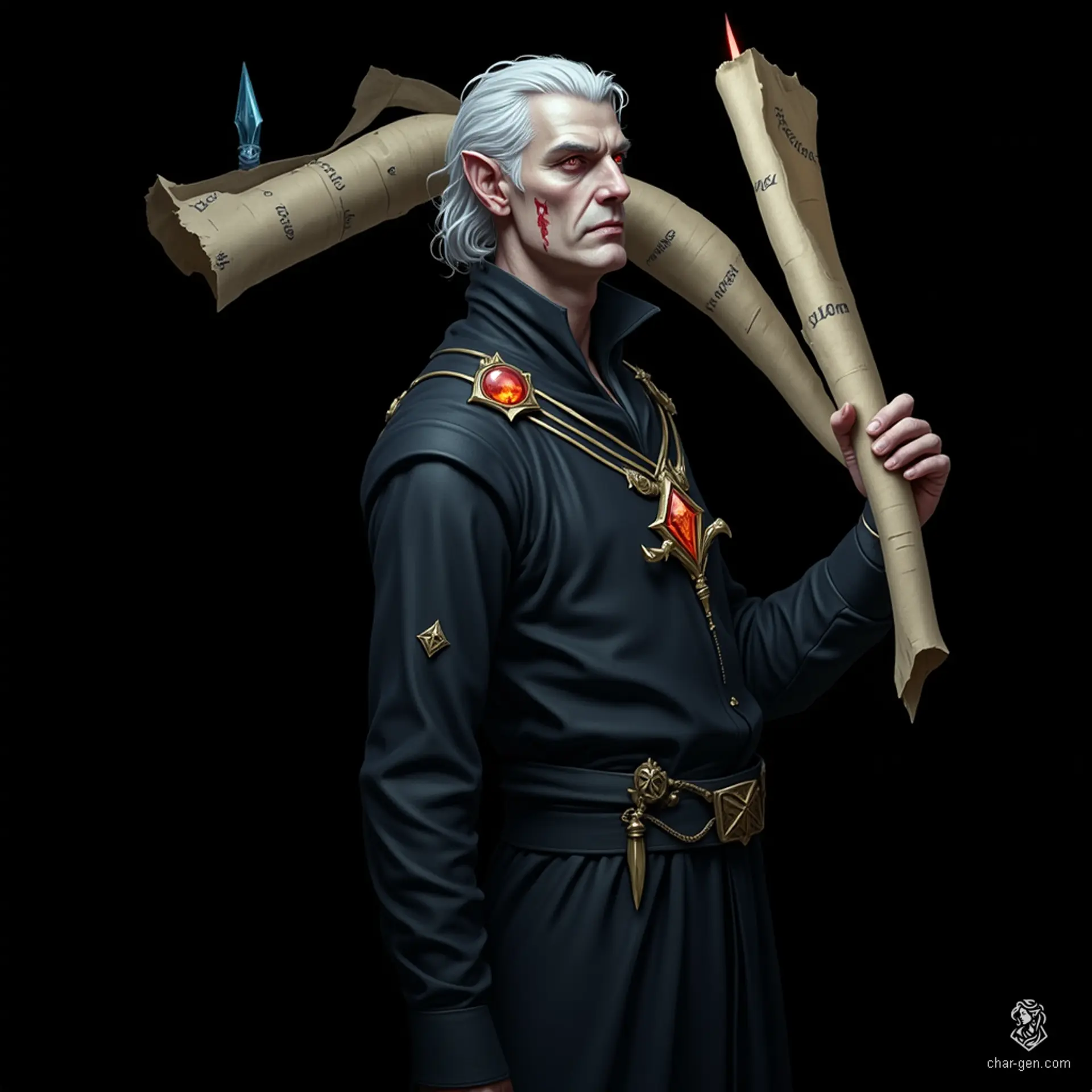 Talessin Sarros, a Lunar Half-Elf scribe, embodies the pursuit of knowledge within the arcane realm. Tall and slender, he navigates shadows in dark robes marked with mystical symbols. With piercing eyes framed by silvery hair, he carries ancient scrolls and various herbs, hinting at a life steeped in magical secrets and untold stories.