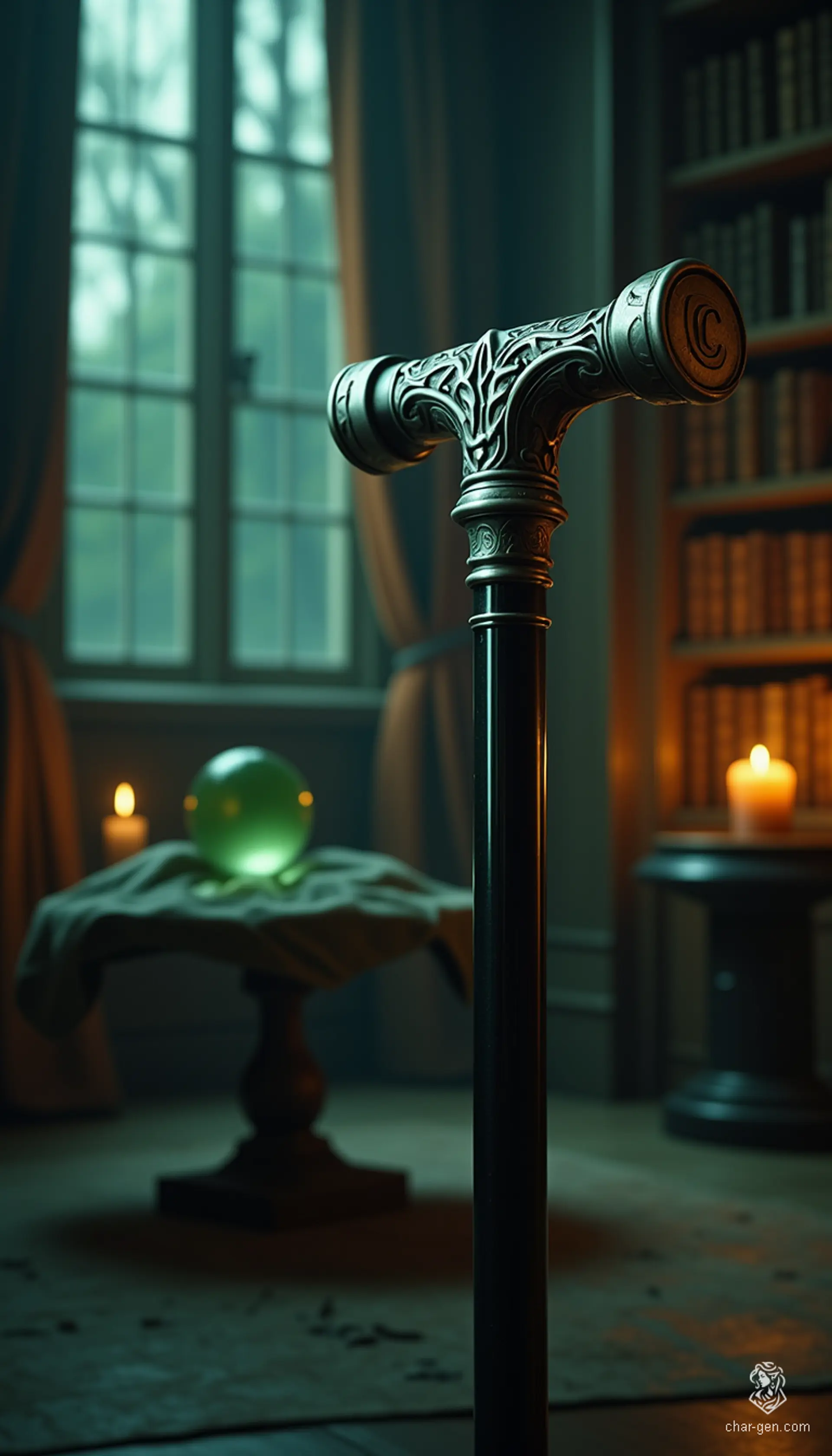 The Cane of Celestial Whispers is a mesmerizing 32-inch staff, expertly hewn from polished ebony. Its ornate silver handle, engraved with a distinctive “C,” channels ethereal energies, allowing the wielder to communicate with spirits and unveil secrets of the beyond. Magic flows through its core, guiding lost souls home.