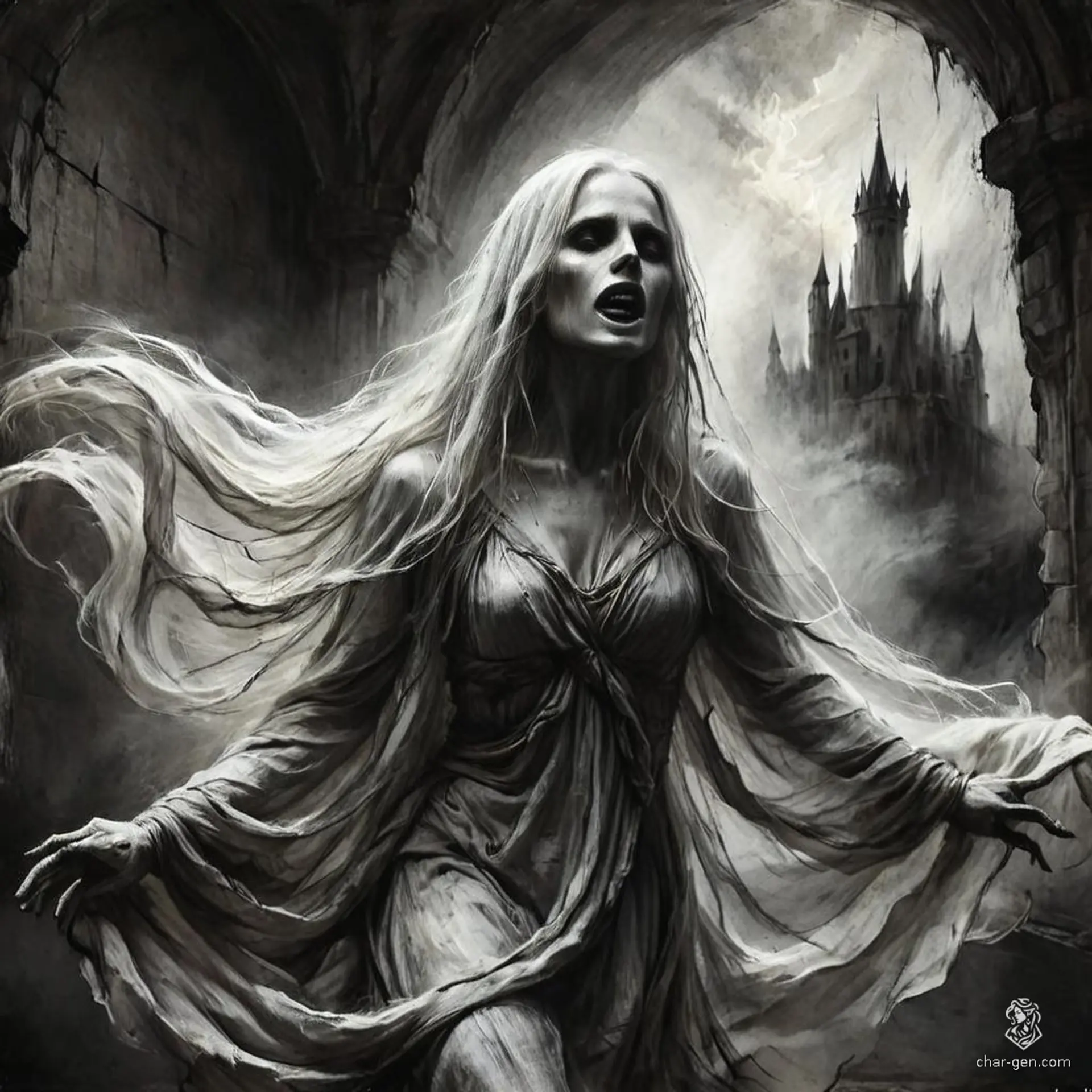 A spectral banshee, 1024x1024 build and 1 year old, with long flowing white hair and pale skin. She wears ragged, ethereal robes, embodying a haunting, otherworldly presence.