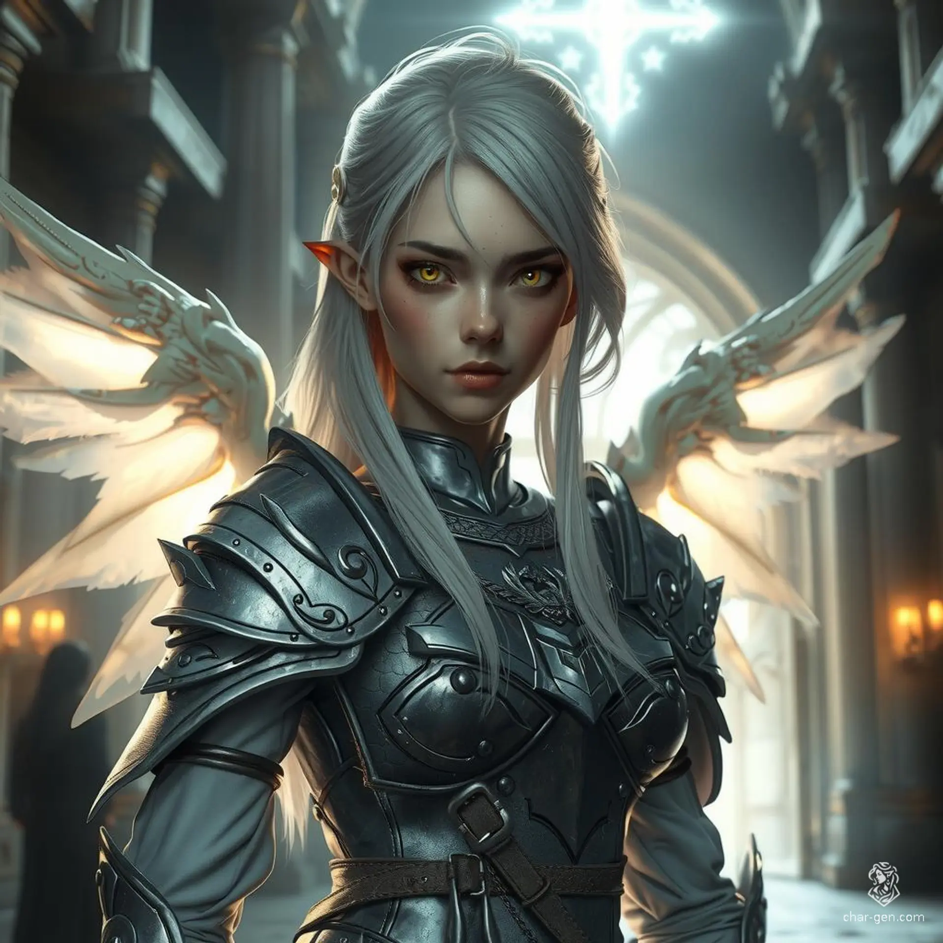 A resolute Aasimar paladin with gleaming, holy armor and silver-white hair stands protectively before a sacred temple. Her serene, determined face and glowing, unusual-colored eyes reflect divine light. Despite signs of recent combat, she radiates a dignified, angelic aura, guarding against encroaching darkness.