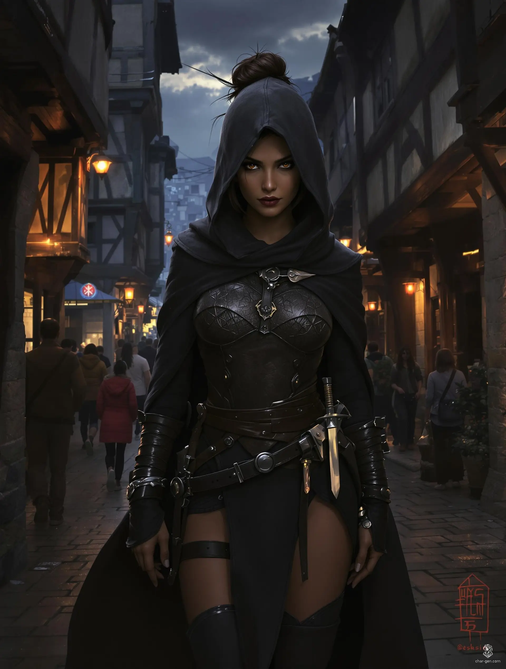 In the shadowed alleys of a bustling city market, a determined female assassin lurks. Her olive skin and dark brown hair are framed by a hooded cloak, perfectly concealing her well-fitted leather armor. Armed with a sheathed dagger and a hand crossbow, she blends into the twilight, a deadly presence in the night.