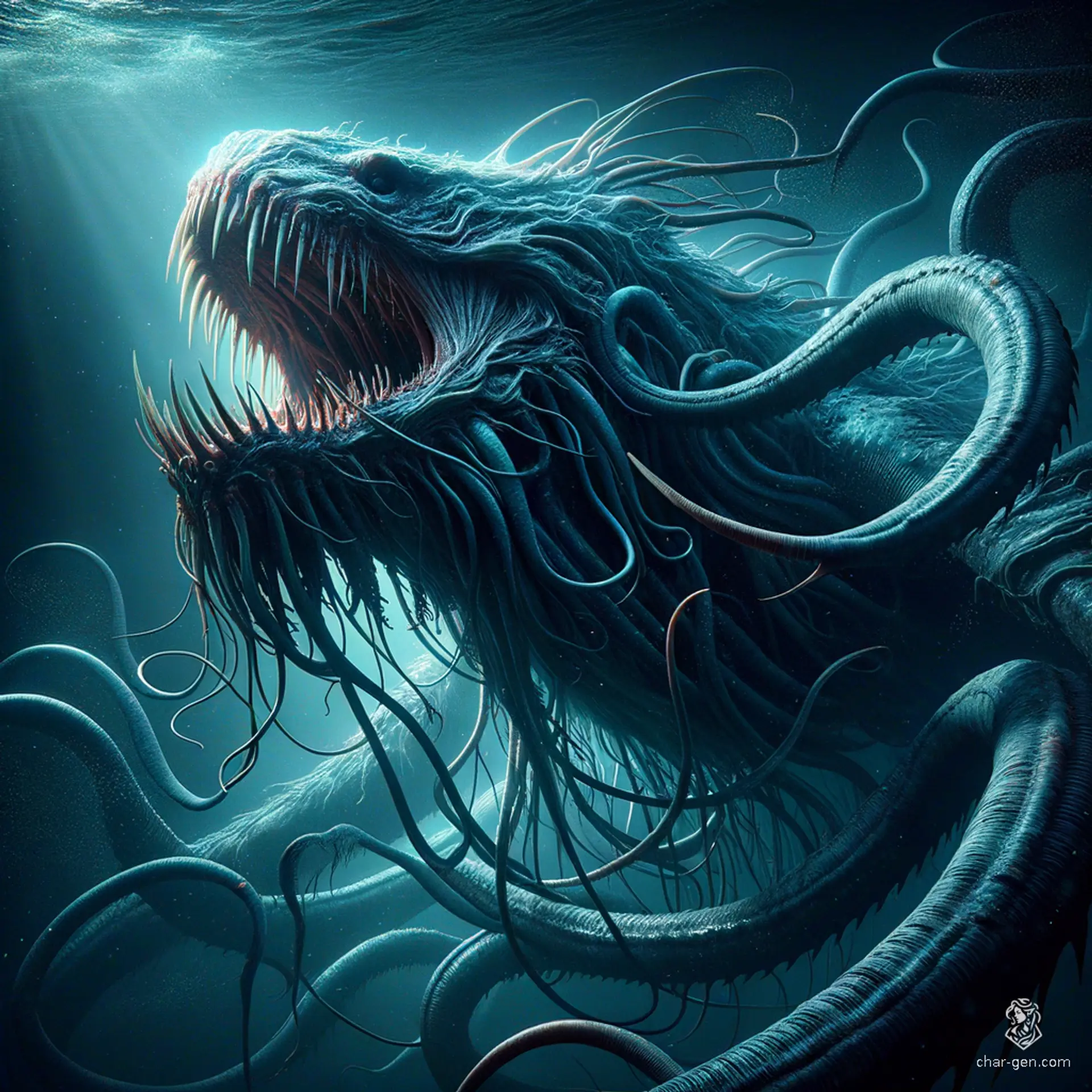 The Kraken is a colossal sea monster with massive tentacles and a fearsome beak-like mouth, often said to dwell in the deep ocean. Its immense size and strength make it a formidable predator, capable of dragging entire ships beneath the waves.