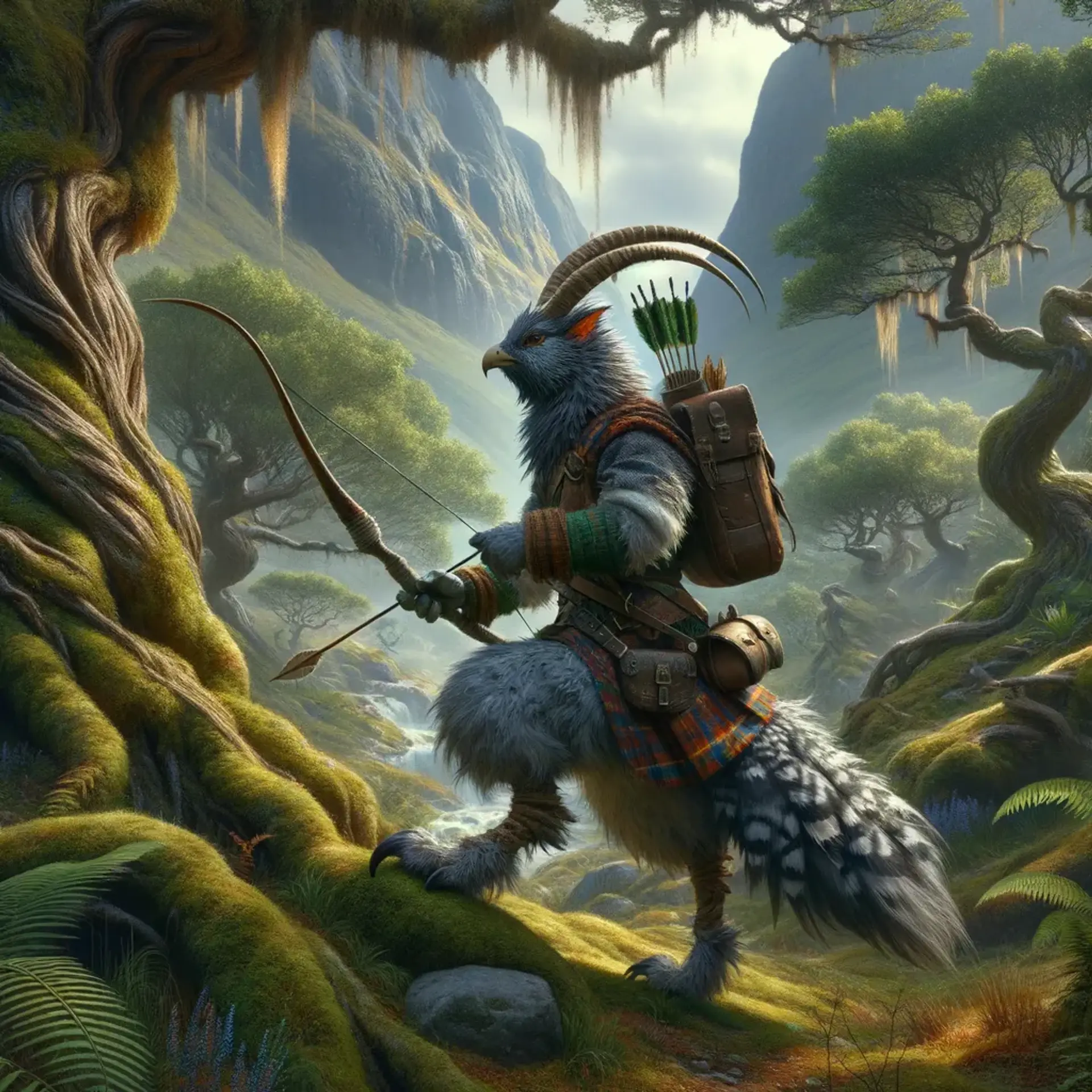 Eldric, a weathered Capercaillie ranger, embodies wisdom with his greying plumage and sharp frown lines. At 50, he skillfully hunts in dense forests and towering mountains, wielding his trusty bow. His keen eyes, honed by years in the wild, ensure he tracks even the most elusive prey.