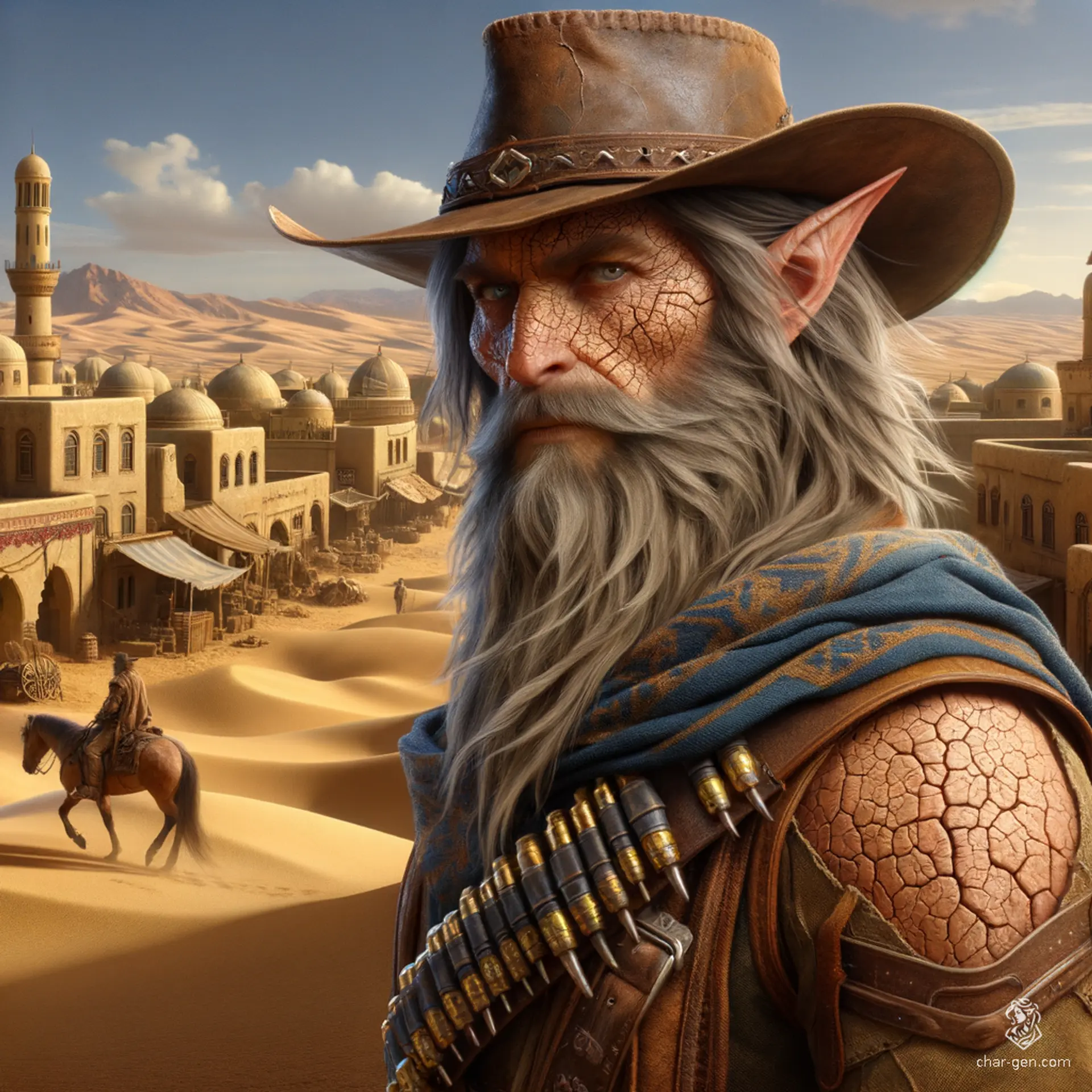 A rugged, cracked-skinned elf cowboy, with grizzled hair and a large beard, patrols the desert in his riding gear and cowboy hat, embodying a striking contrast of ancient elegance and frontier grit.