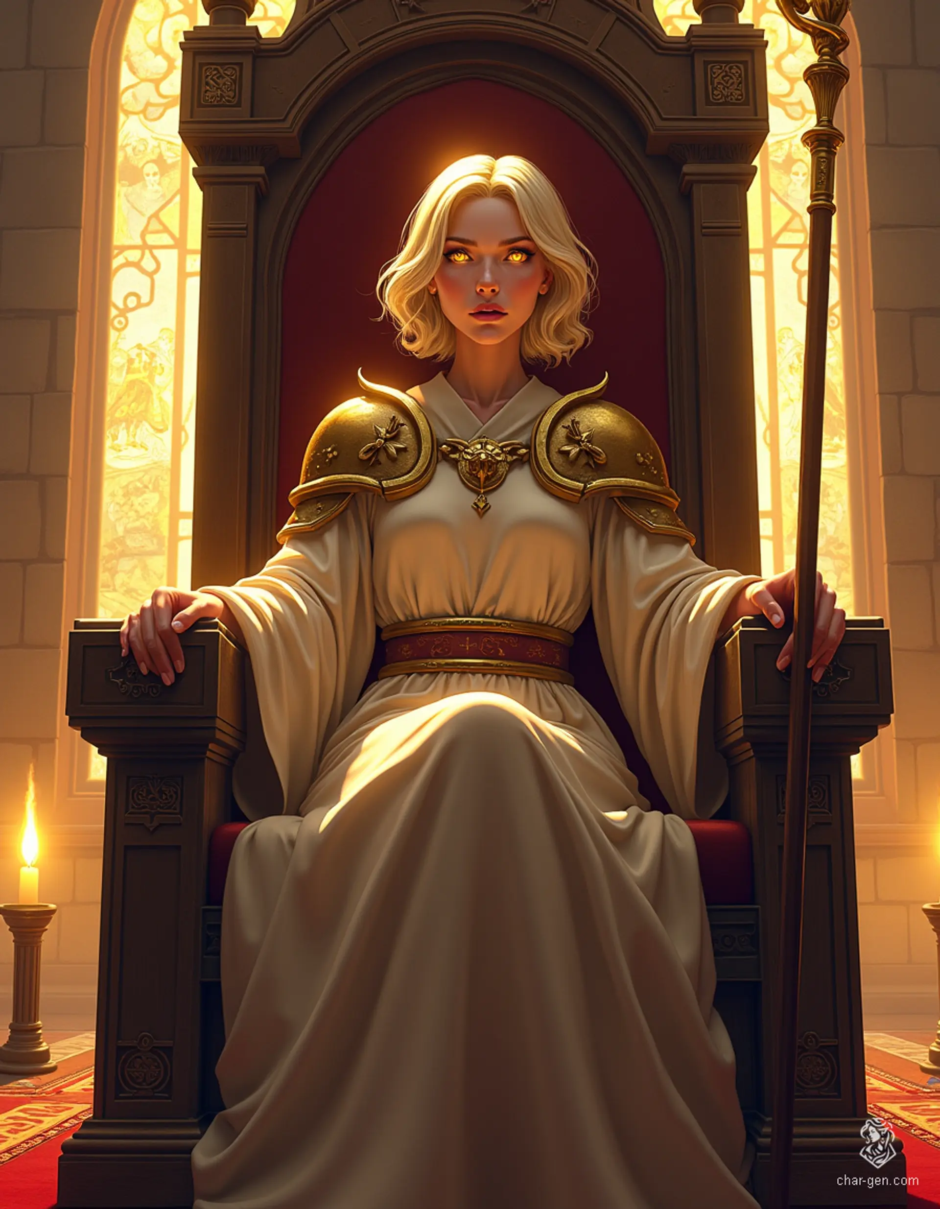 Loralyn, a serene Aasimar monk and baroness, sits regally in her throne room. With radiant golden eyes and softly glowing grey skin, she exudes divine power and wisdom. Dressed in modest robes adorned with celestial symbols, her poised demeanor reflects unwavering resolve amidst flickering candlelight and intricate tapestries.