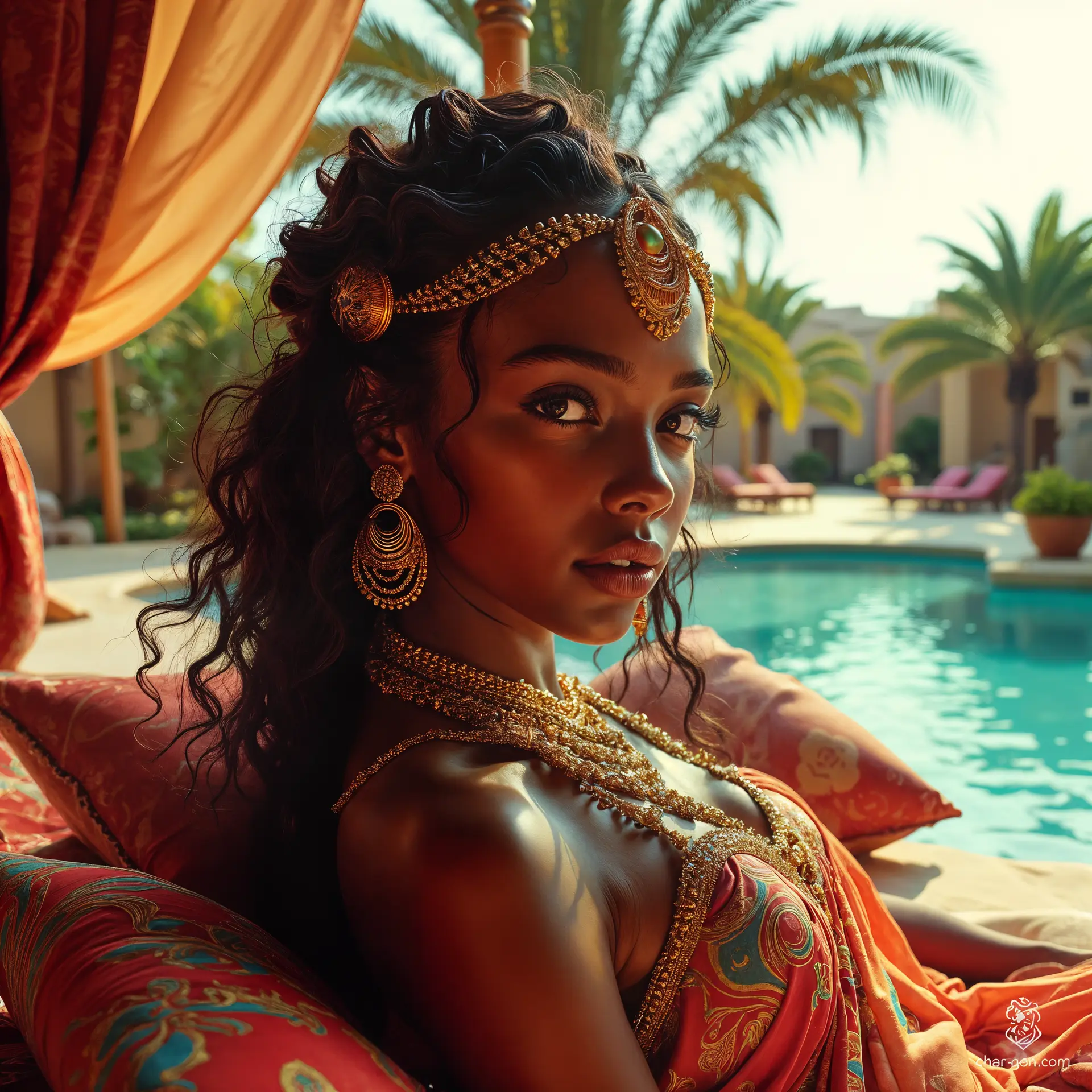 The Nubian princess lounges gracefully in her opulent oasis tent, adorned in vibrant, embroidered silk. With radiant skin and captivating eyes, she exudes wisdom and strength. Surrounded by the scents of her perfumer’s workshop, her golden hair glimmers, embodying elegance amidst nature's beauty.