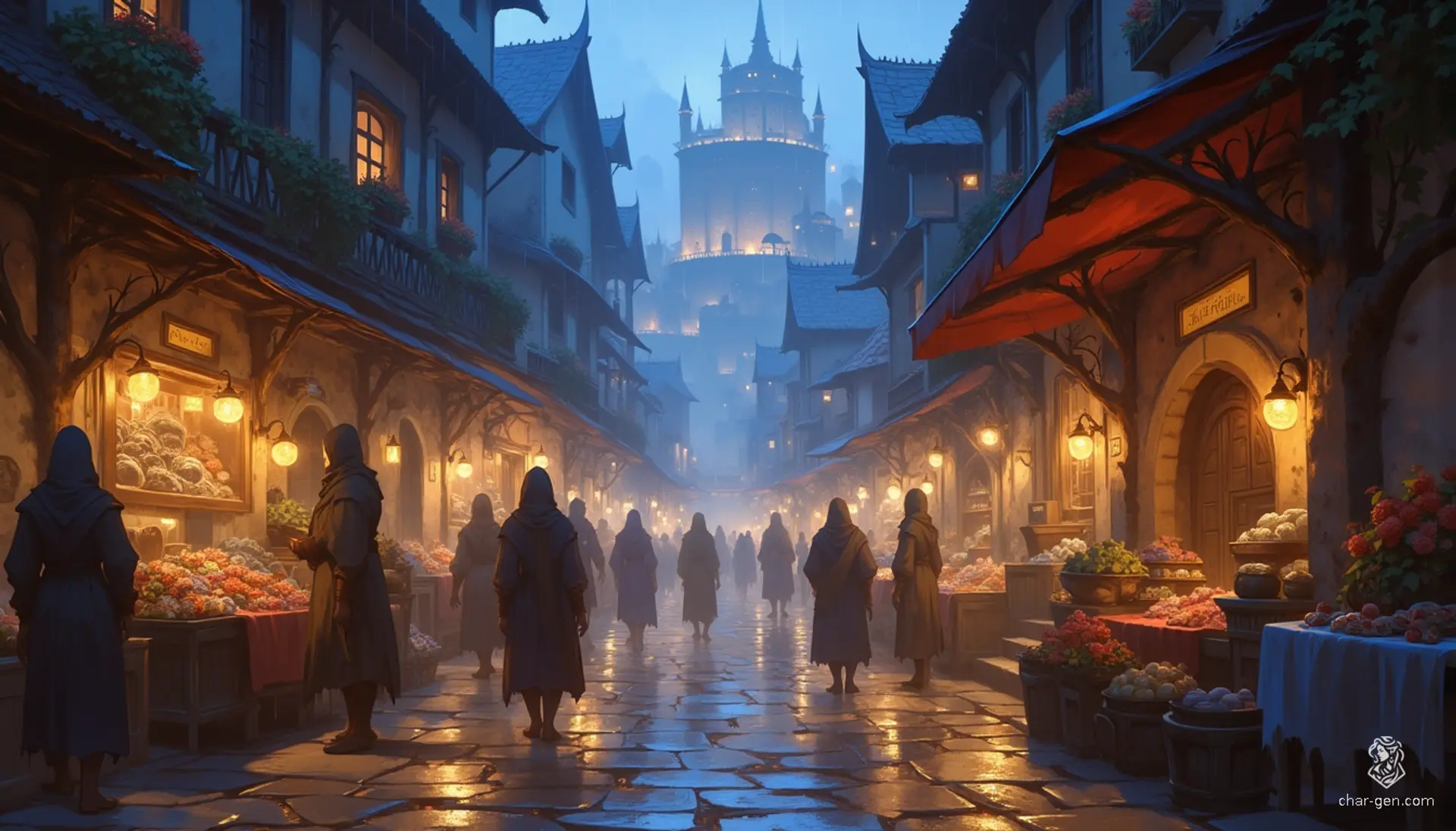 In Westcrown, a light drizzle shrouds narrow cobblestone streets, where townsfolk, cloaked against the rain, navigate the fog. Water cascades from ornate wrought iron balconies, and faded stone facades melt into a mystical mist, creating an enchanting tapestry of forgotten tales and whispered secrets.