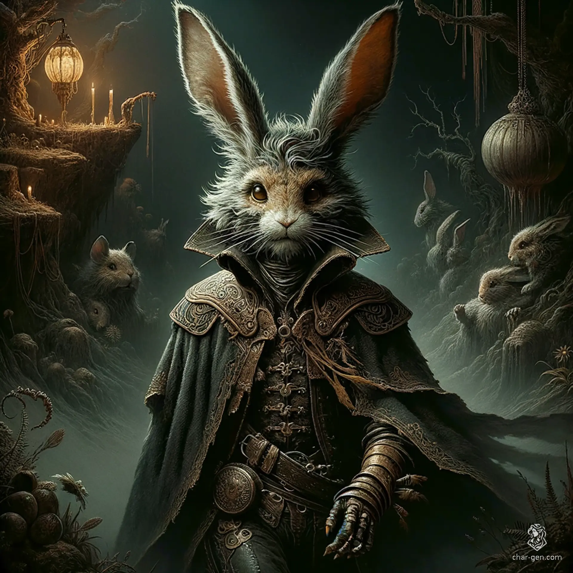 A 70s dark fantasy book illustration, hand-drawn in style, depicts a small anthropomorphic harengon—a rabbit humanoid. With a rabbit head, whiskers, rabbit-like snout, and long hare ears, it features a fur-covered head and distinctly rabbit attributes, exuding an eerie, mystical presence.