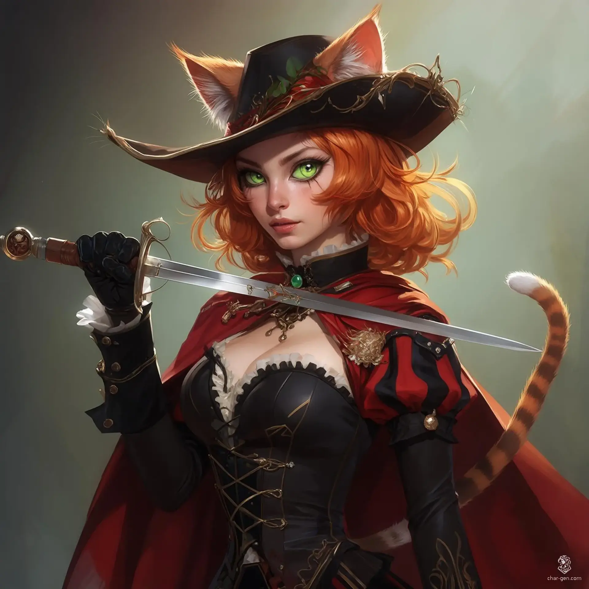 A fierce female duelist bard blending French Renaissance elegance with fantasy charm. Sporting ginger cat ears, a flowing tail, and emerald cat-like eyes, she wields a rapier with grace. Her intricate ensemble features a cavalier hat, shoulder cape, and fur accents, set against dramatic, vibrant lighting.